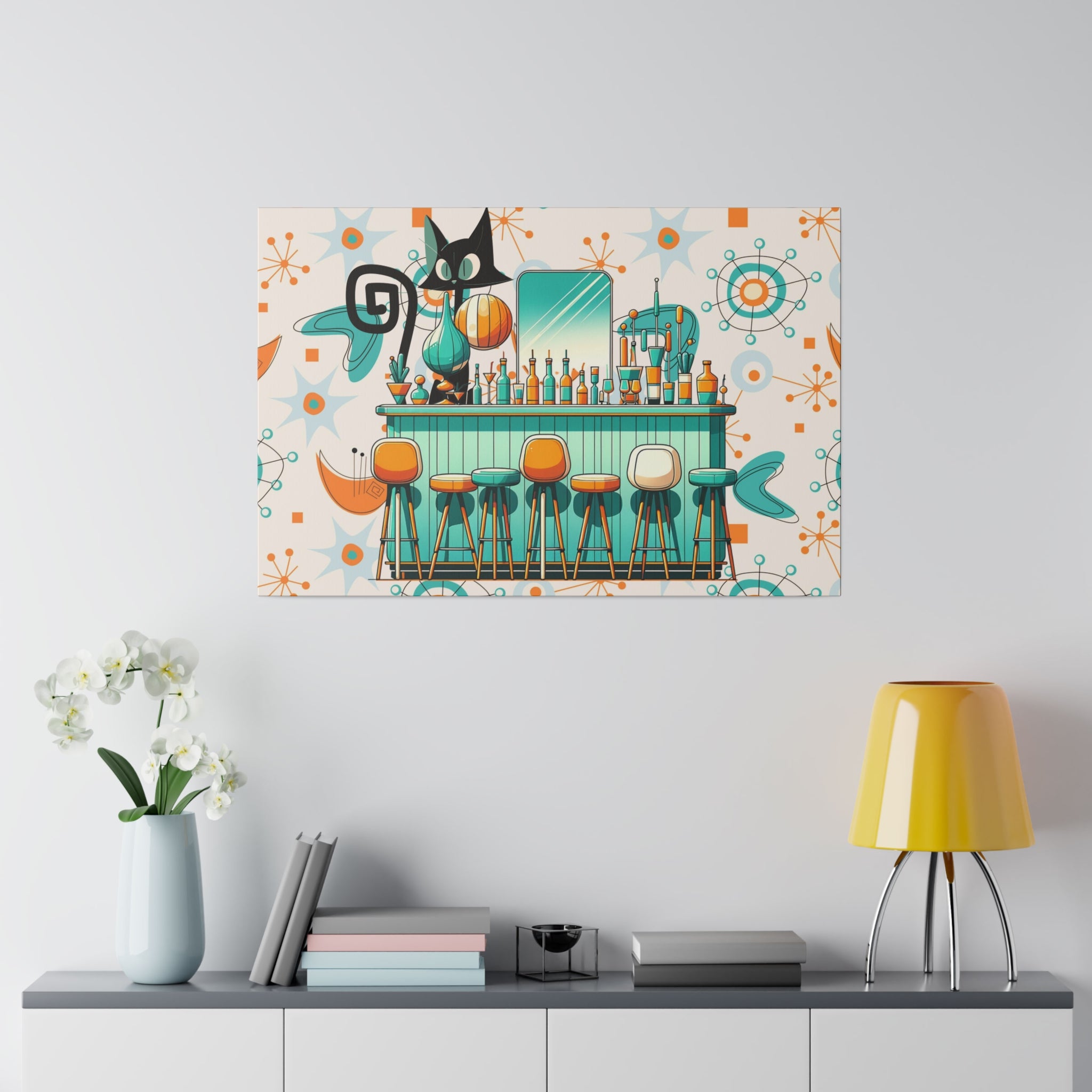 Atomic Cat, Mid Century Modern Kitschy Bar, Orange, Teal Mid Century Modern Wall Art - Mid Century Modern Gal