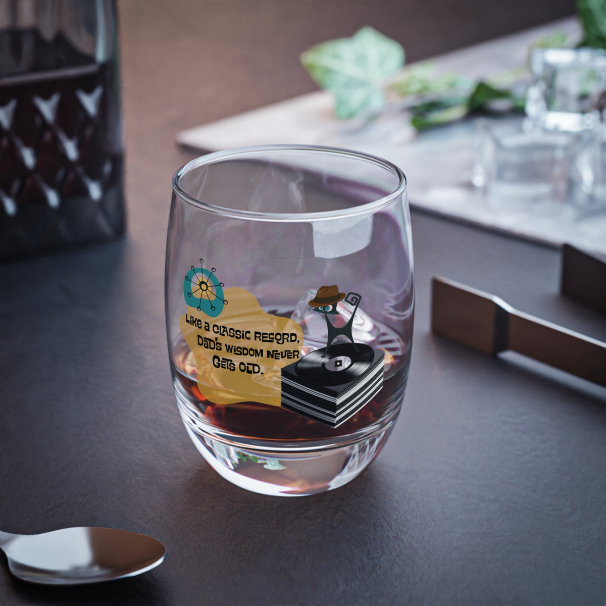 Special Dad Gift, Whiskey Glass, Mid Century Modern Style With Atomic Cat, Atomic Starburst, Retro Father's Day Gift - Mid Century Modern Gal
