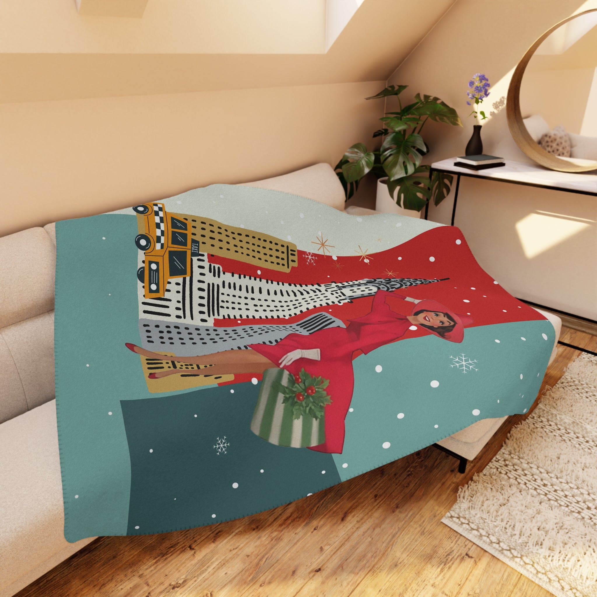 Mid Century Modern Christmas Kitsch Vintage New York Holiday Sherpa Blanket - Mid Century Modern Gal