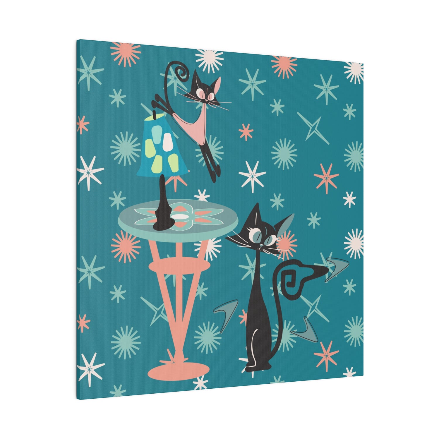 Crazy Atomic Cats, Cat Mom, Kitschy Mid Century Modern Teal Blue, Coral Pink, Mid Century Modern Wall Art - Mid Century Modern Gal