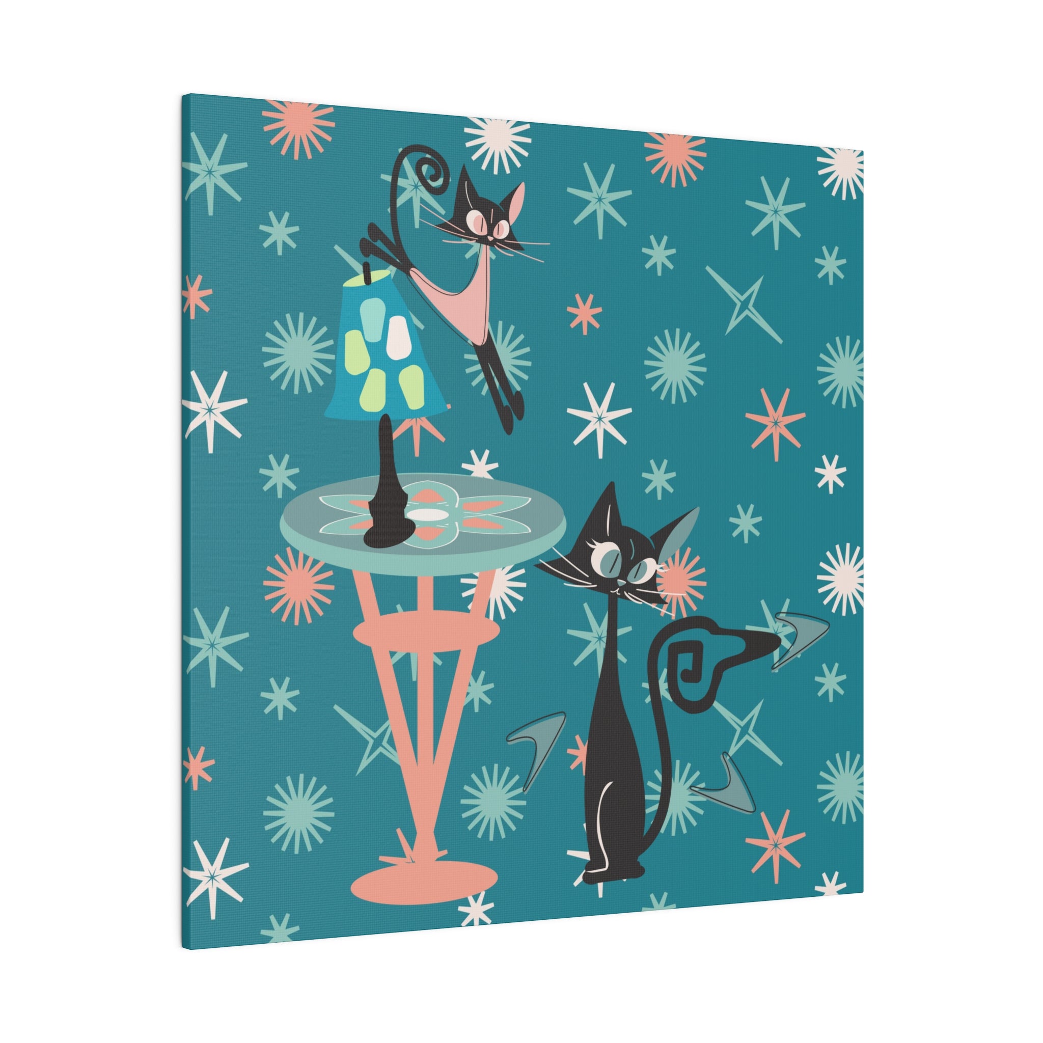 Crazy Atomic Cats, Cat Mom, Kitschy Mid Century Modern Teal Blue, Coral Pink, Mid Century Modern Wall Art - Mid Century Modern Gal