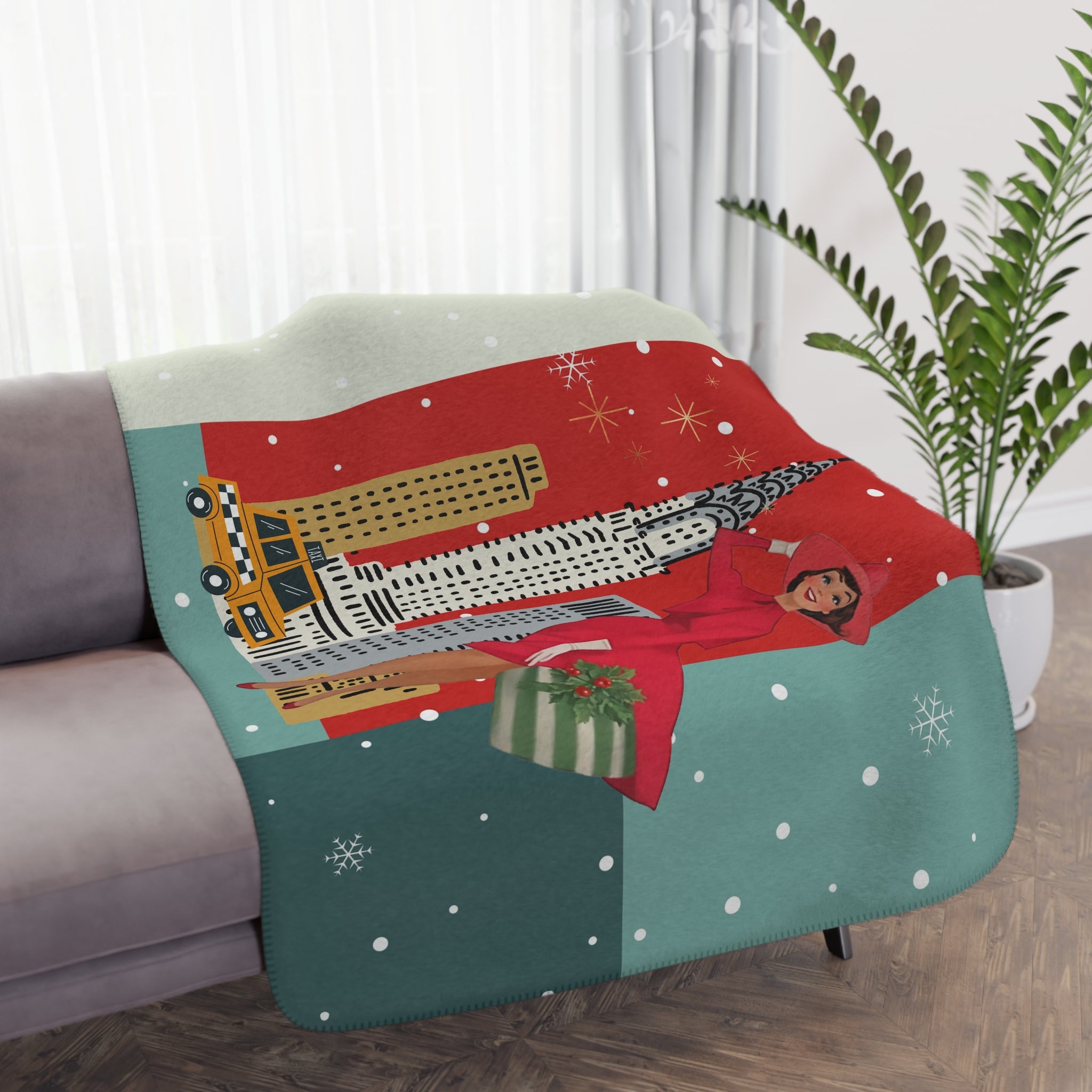 Mid Century Modern Christmas Kitsch Vintage New York Holiday Sherpa Blanket - Mid Century Modern Gal
