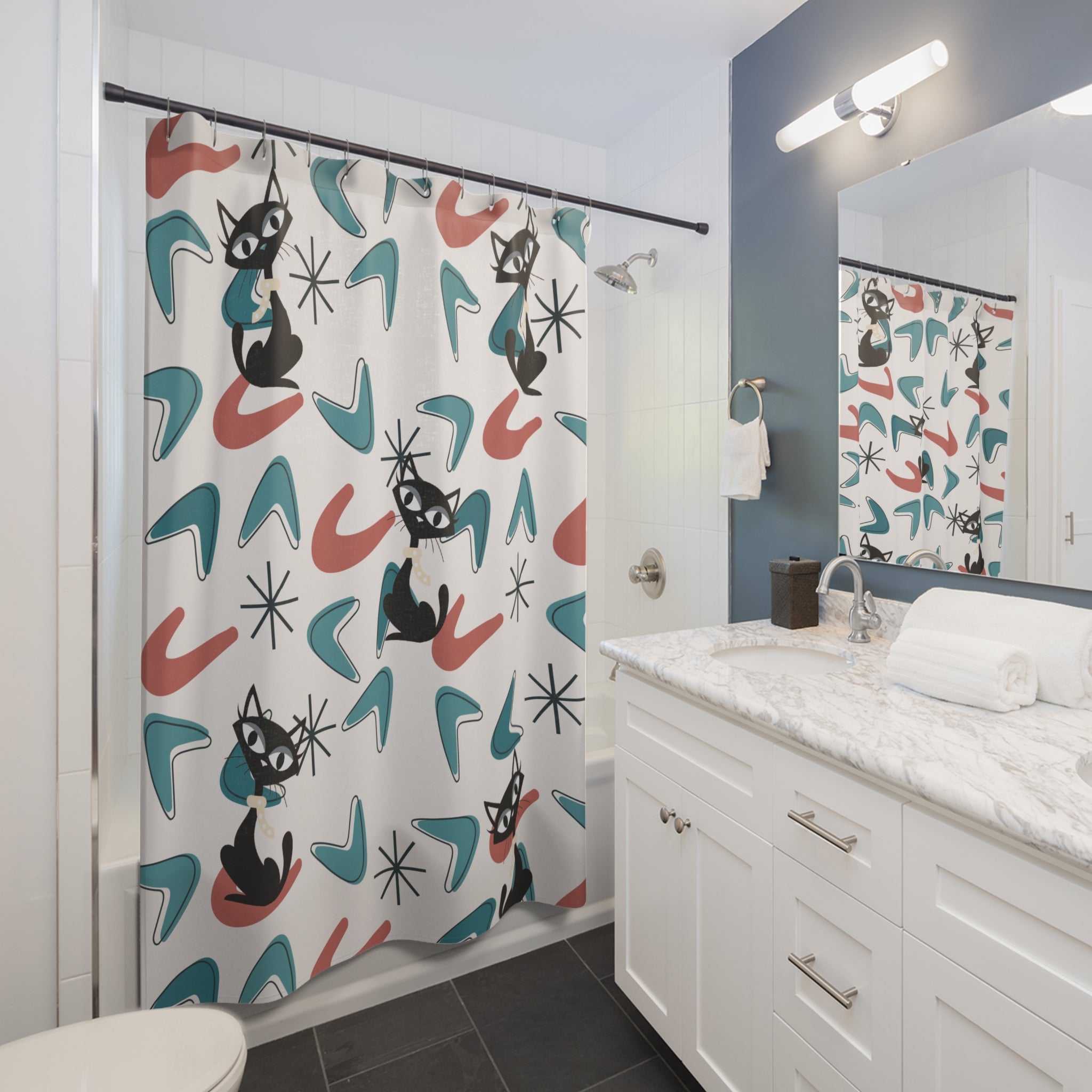 Atomic Cat Bathroom Shower Curtain, Kitschy MCM Boomerang Retro Bath Decor - Mid Century Modern Gal