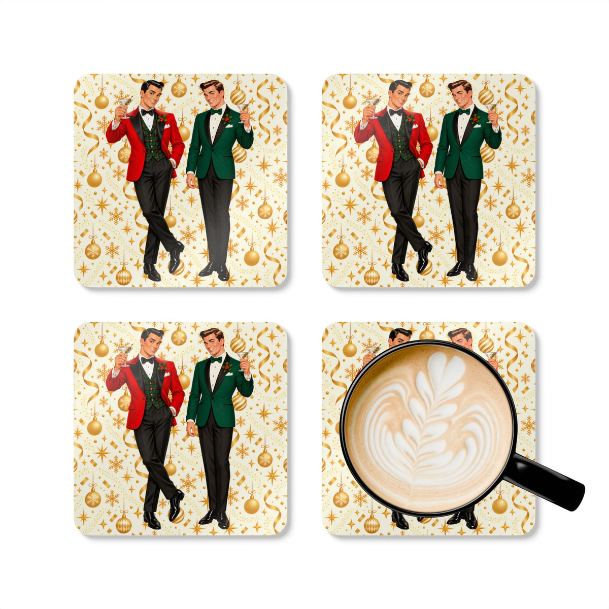 Mid Century Modern Christmas Martini Dapper Gay Male Couple Corkwood Coaster Set
