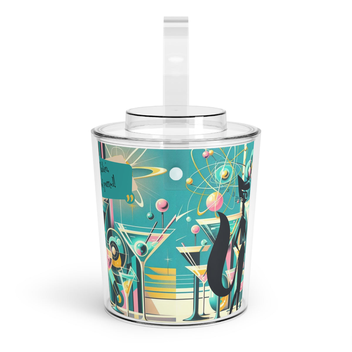 Atomic Sexy Black Cat, Shaken Not Purred, Mid Century Modern Atomic 50s Cocktail Barware MCM Ice Bucket with Tongs - Mid Century Modern Gal
