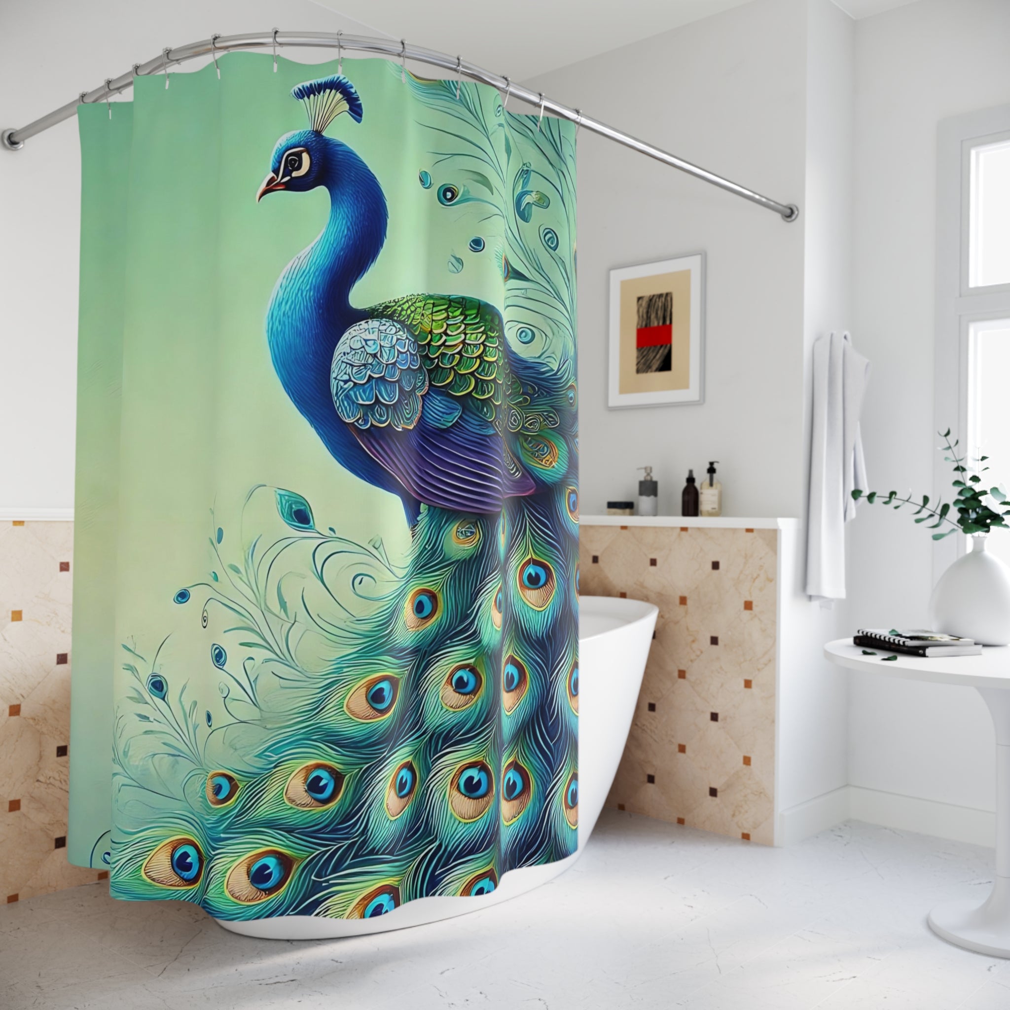 Chinoiserie Elegant Peacock Shower Curtain - Vibrant Bathroom Decor - Mid Century Modern Gal