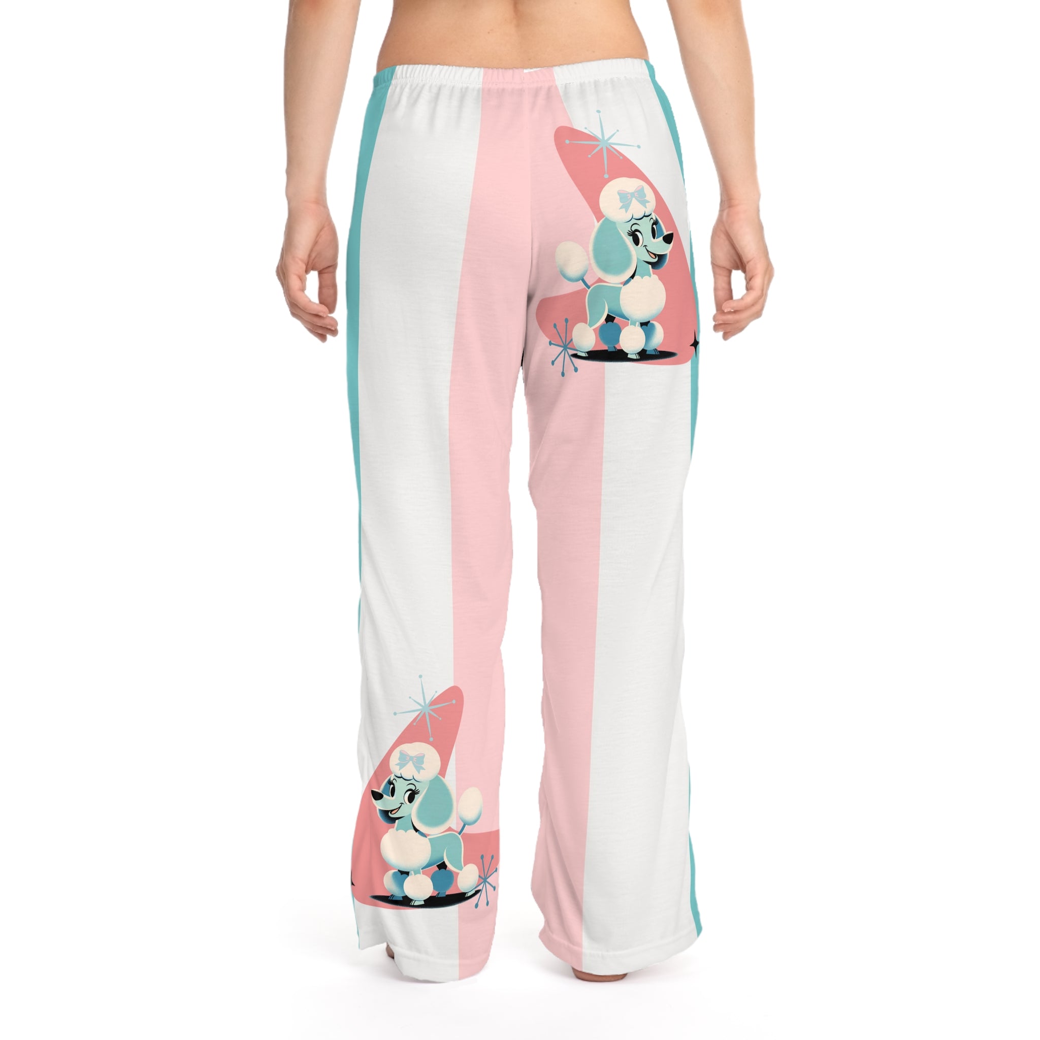 50s Poodle Retro Mid Mod Lounge Pants, Pink, Aqua, White Comfy Women&