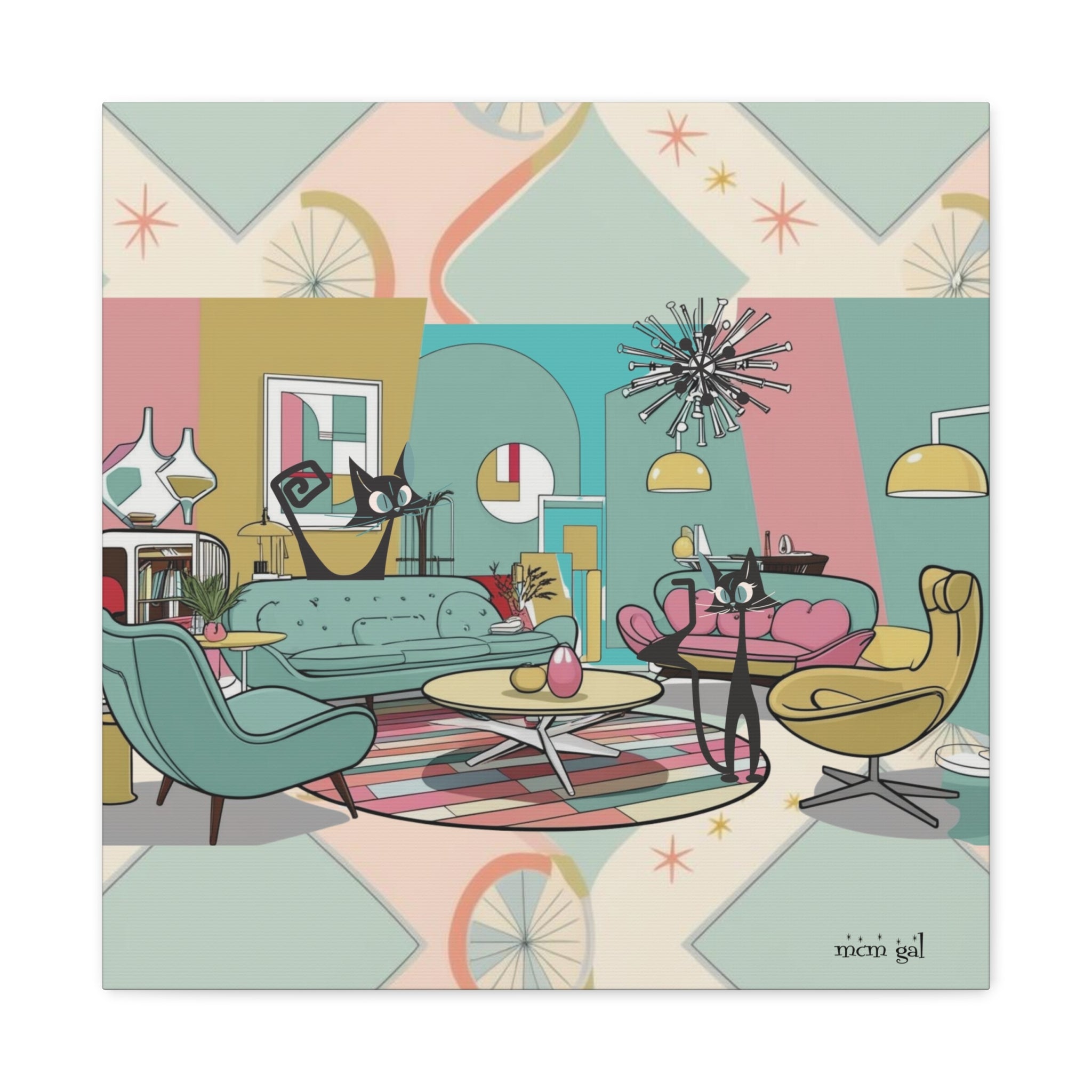 Mid-Century Modern Atomic Cat Kitschy Mod Living Room, Aqua, Pink, Starburst Original Art By MCM GAL - Mid Century Modern Gal
