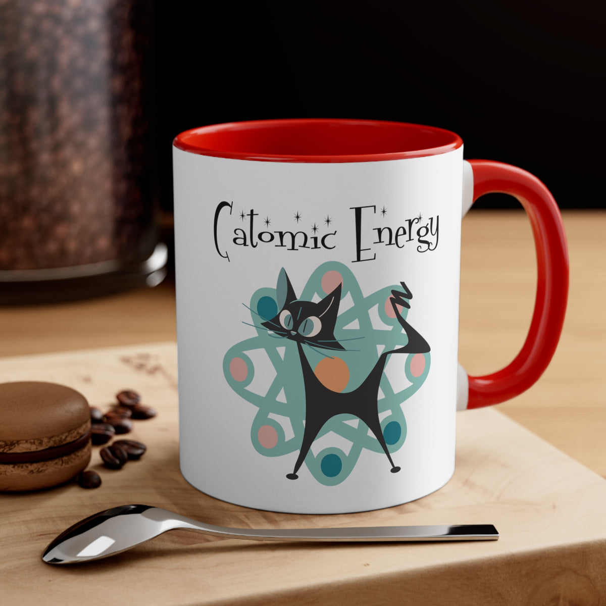 Atomic Cat Coffee Mug, Funny, Quirky Mid Century Modern Atom, Space Age Catomic Energy Coffee Lover Coffee Mug Gift - Mid Century Modern Gal