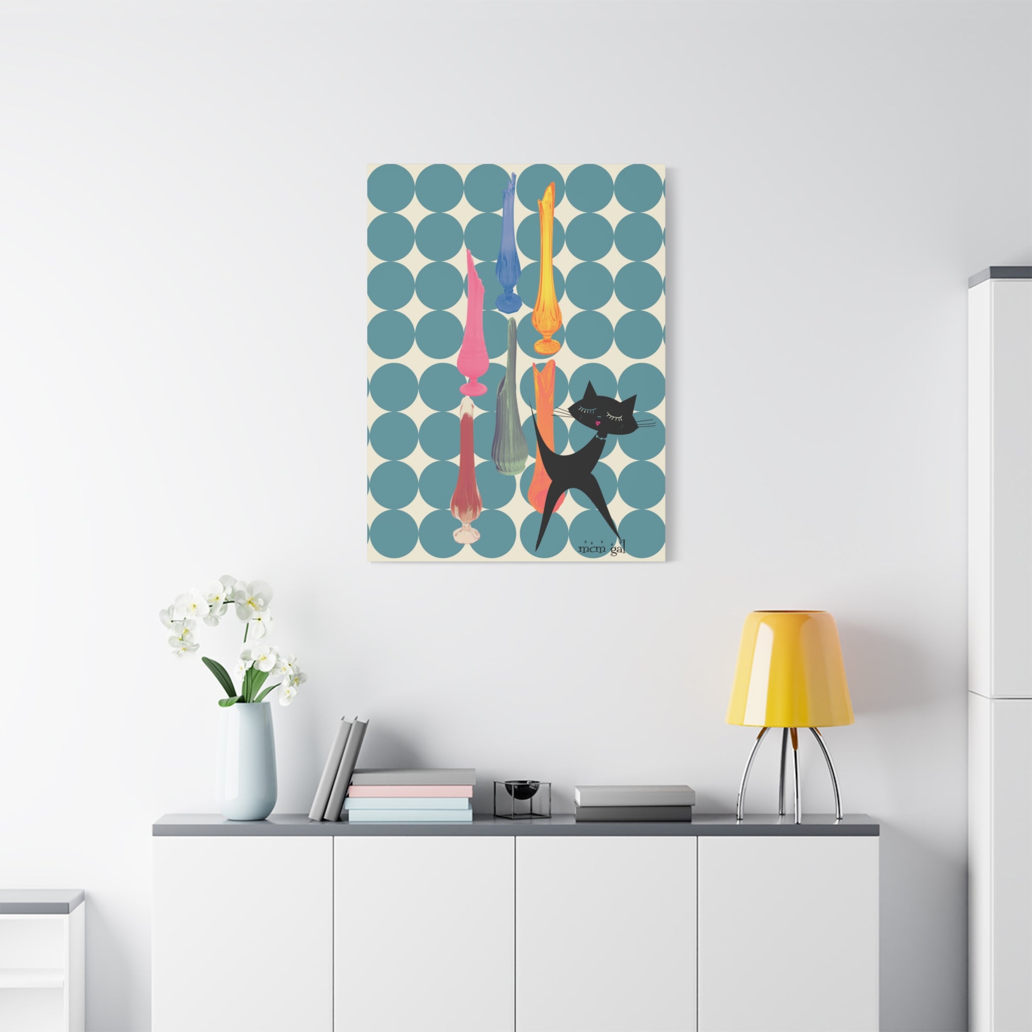 Mid Century Modern Wall Art, MCM Swung Glass Whimsical Cat Artwork Canvas - Mid Century Modern Gal