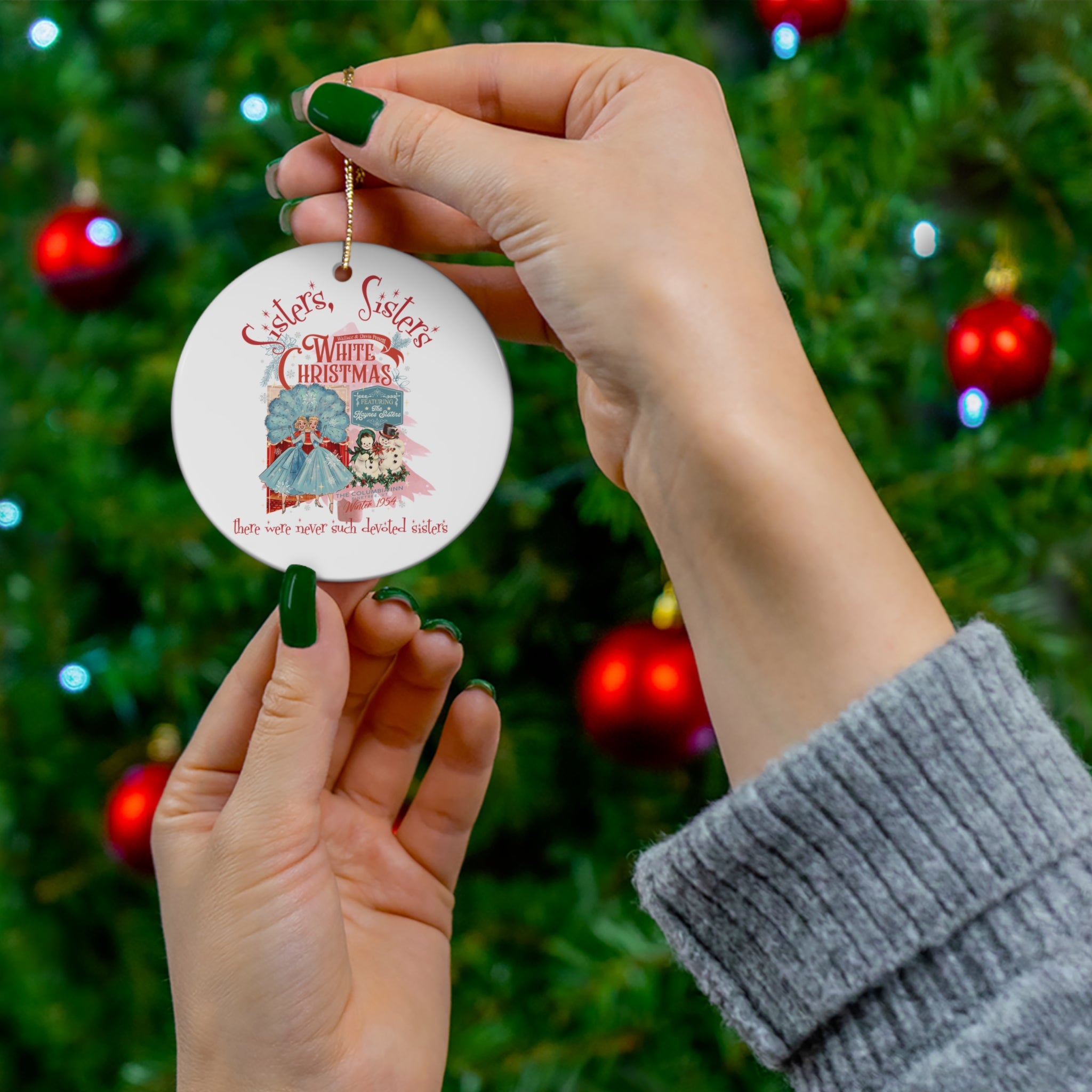 Sister Sister Christmas Ceramic Ornament, Holiday Decor, Gift for Sisters, Family Keepsake, White Christmas Decoration, Festive Ornament - Mid Century Modern Gal