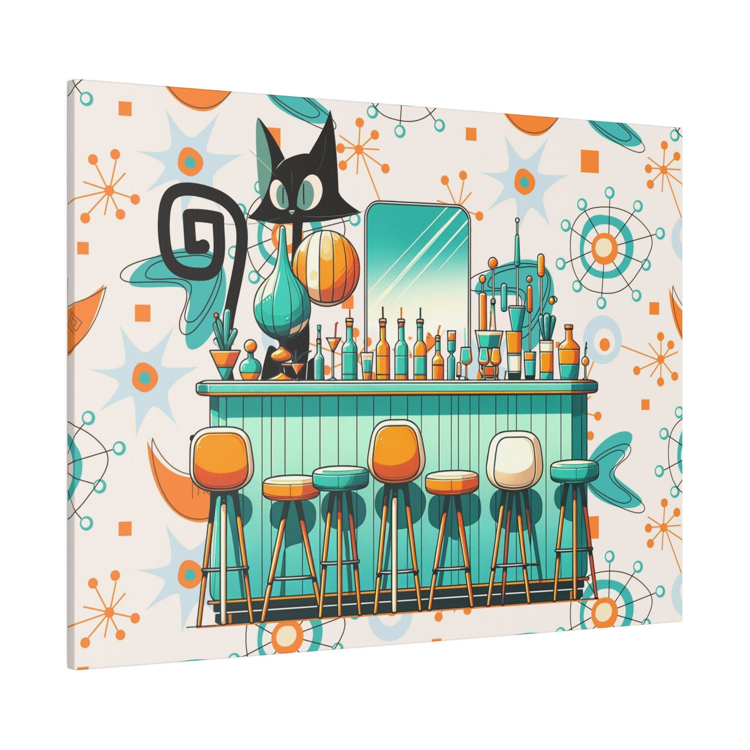 Atomic Cat, Mid Century Modern Kitschy Bar, Orange, Teal Mid Century Modern Wall Art - Mid Century Modern Gal