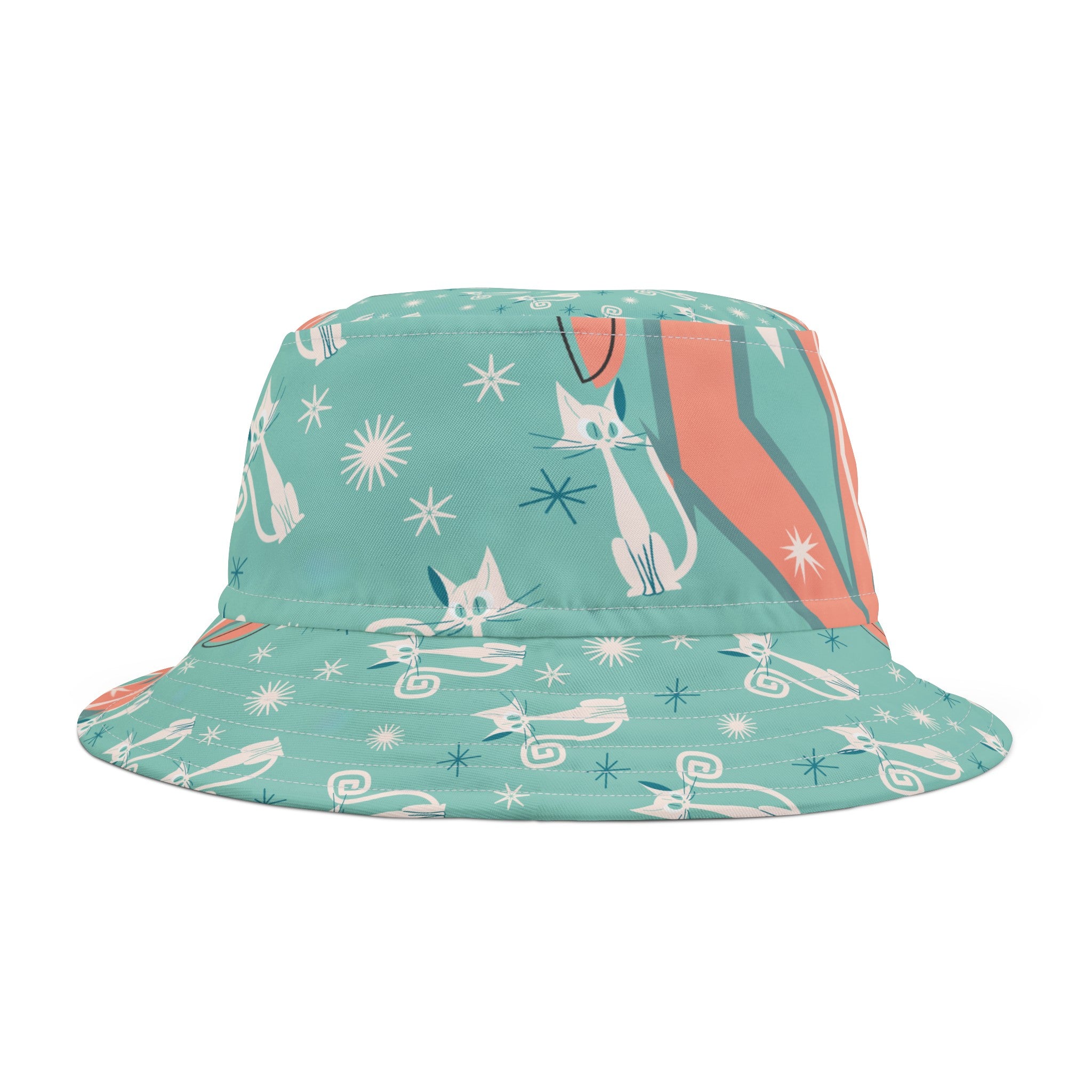 Atomic Kittie Cats, Coral, Aqua, Kitschy Cute Summer Mid Mod Retro Bucket Hat - Mid Century Modern Gal