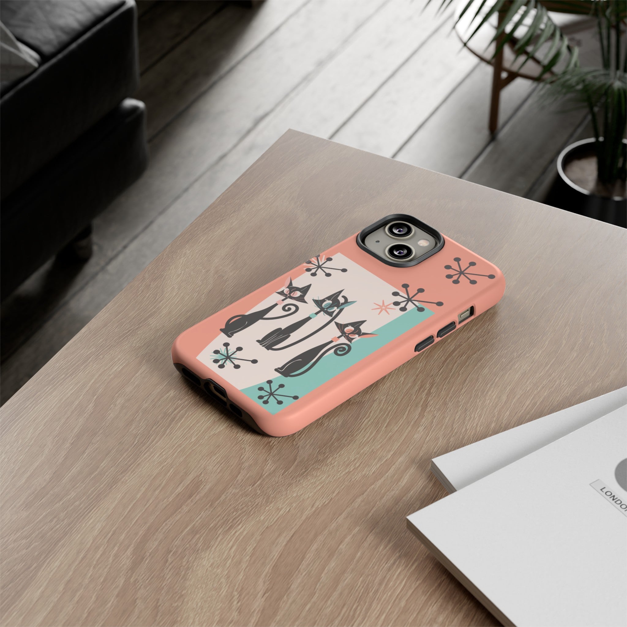 Atomic Cat Mid Mod Coral Aqua Blue Starburst Kitschy Fun Chic Samsung, Smart Phones Tough Cases - Mid Century Modern Gal