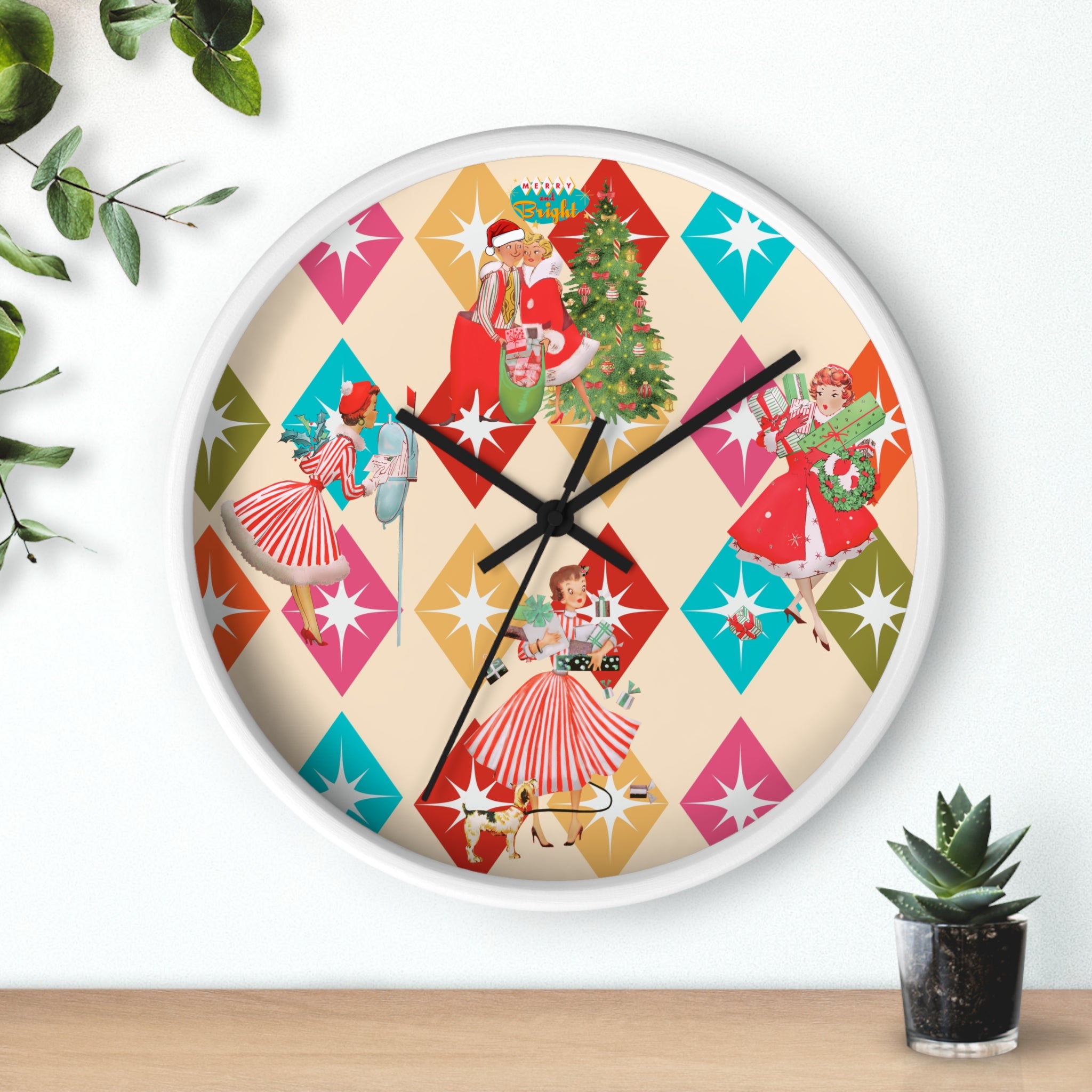 Holiday Retro Vintage Christmas Kitsch, Mid Century Modern Christmas Card Fun Kitschy 50s X-mas Wall Clock - Mid Century Modern Gal