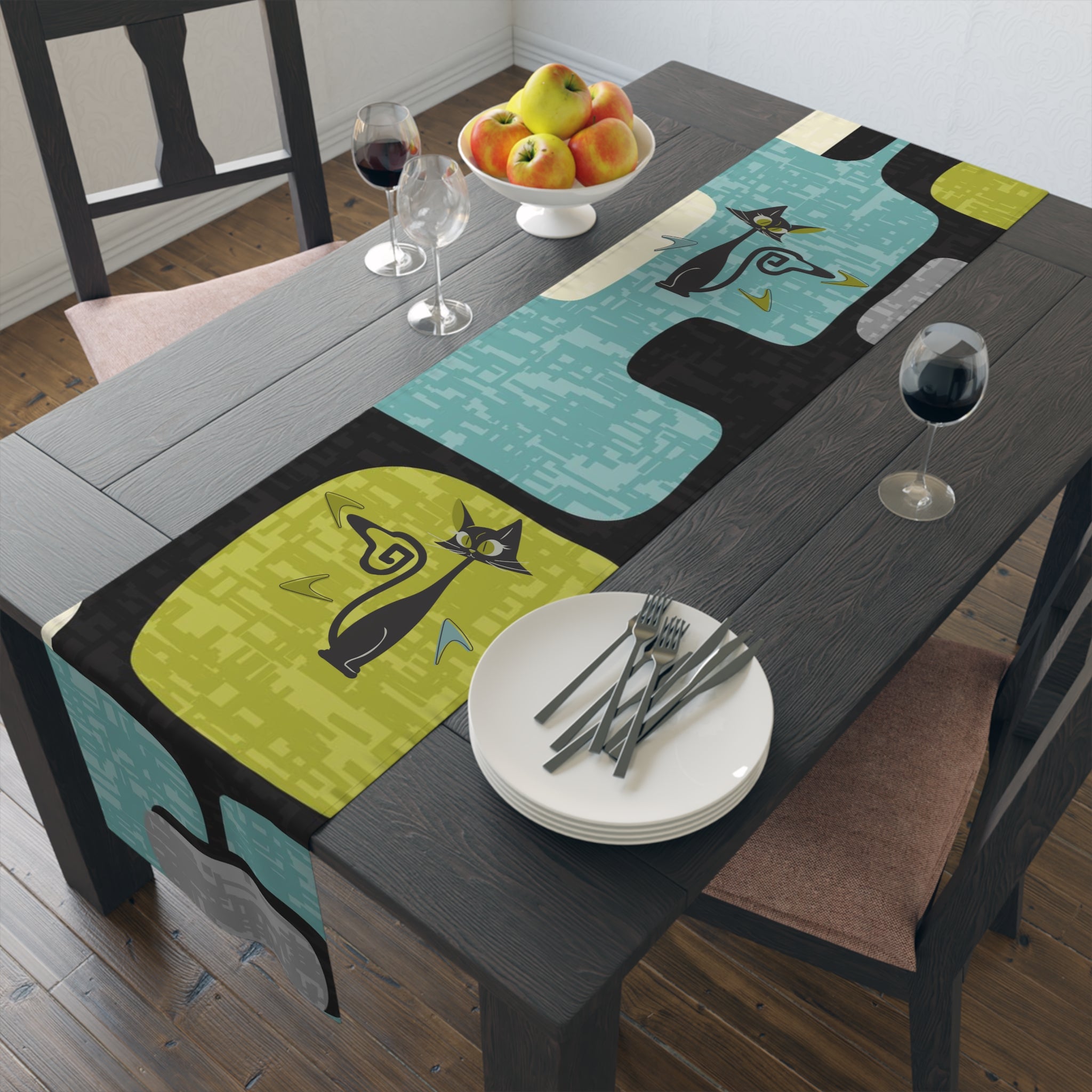 Mid Century Modern Table Runner, Atomic Kitties, Black Cats, Boomerangs Geometric Designed, Aqua, Green, Blue, Black, MCM Table Runner - Mid Century Modern Gal