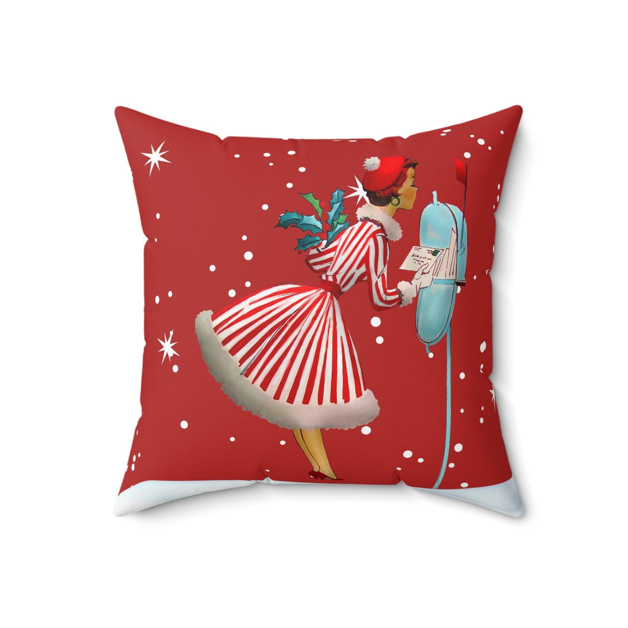 Vintage Christmas Decorative Pillow - Holiday Red with Retro Woman and Snowflakes - Mid Century Modern Gal