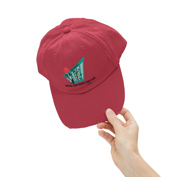 Atomic Cat Modernism Palm Springs California, Mid Mod Funky Fun Retro Distressed Cap - "Where Mod Meets Mad Fun!"