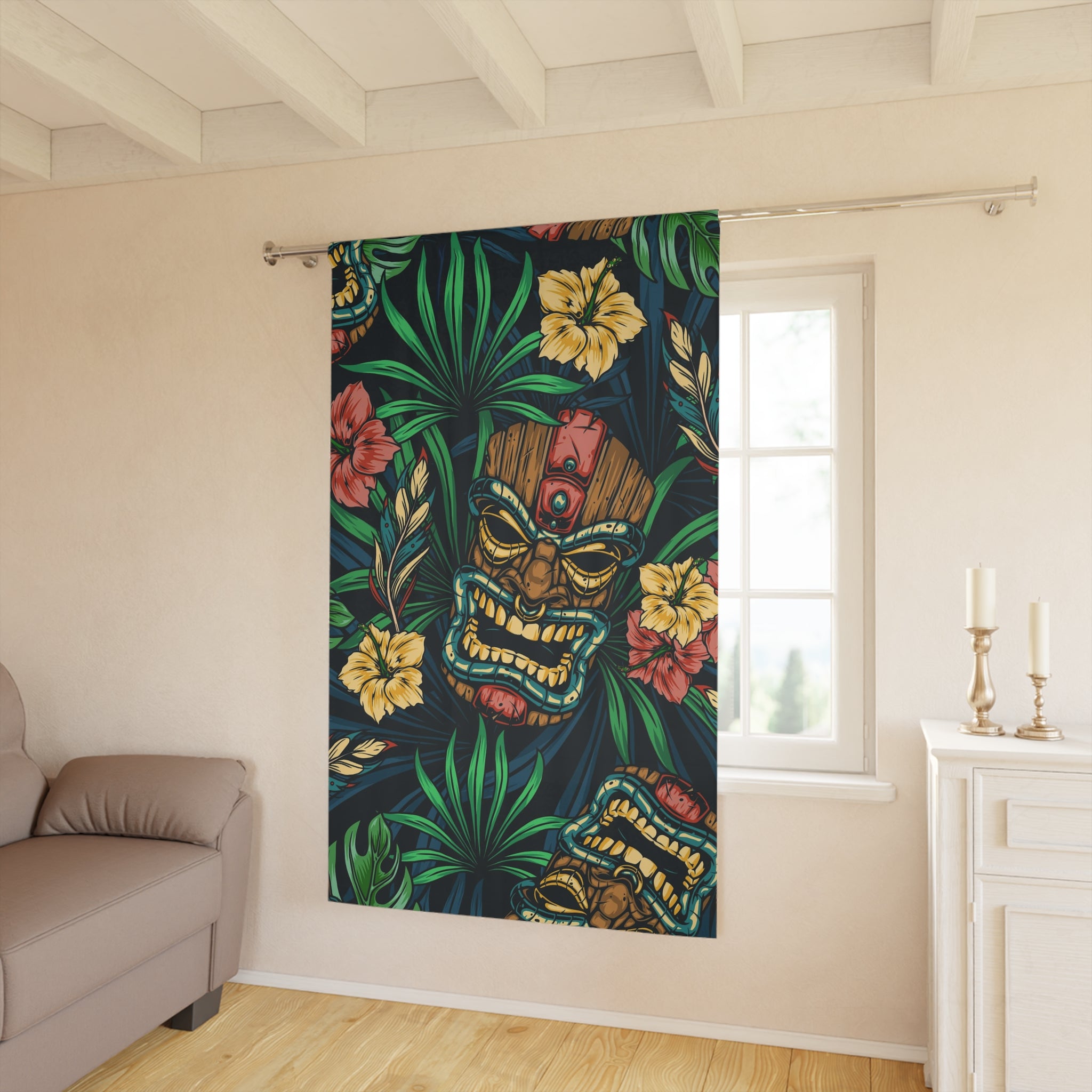 Tiki Idol Man Blackout Tropical Tiki Window Curtain - Vibrant Home Decor, Boho Style, Gift for Plant Lovers, Hawaiian Theme, Summer Vibes - Mid Century Modern Gal