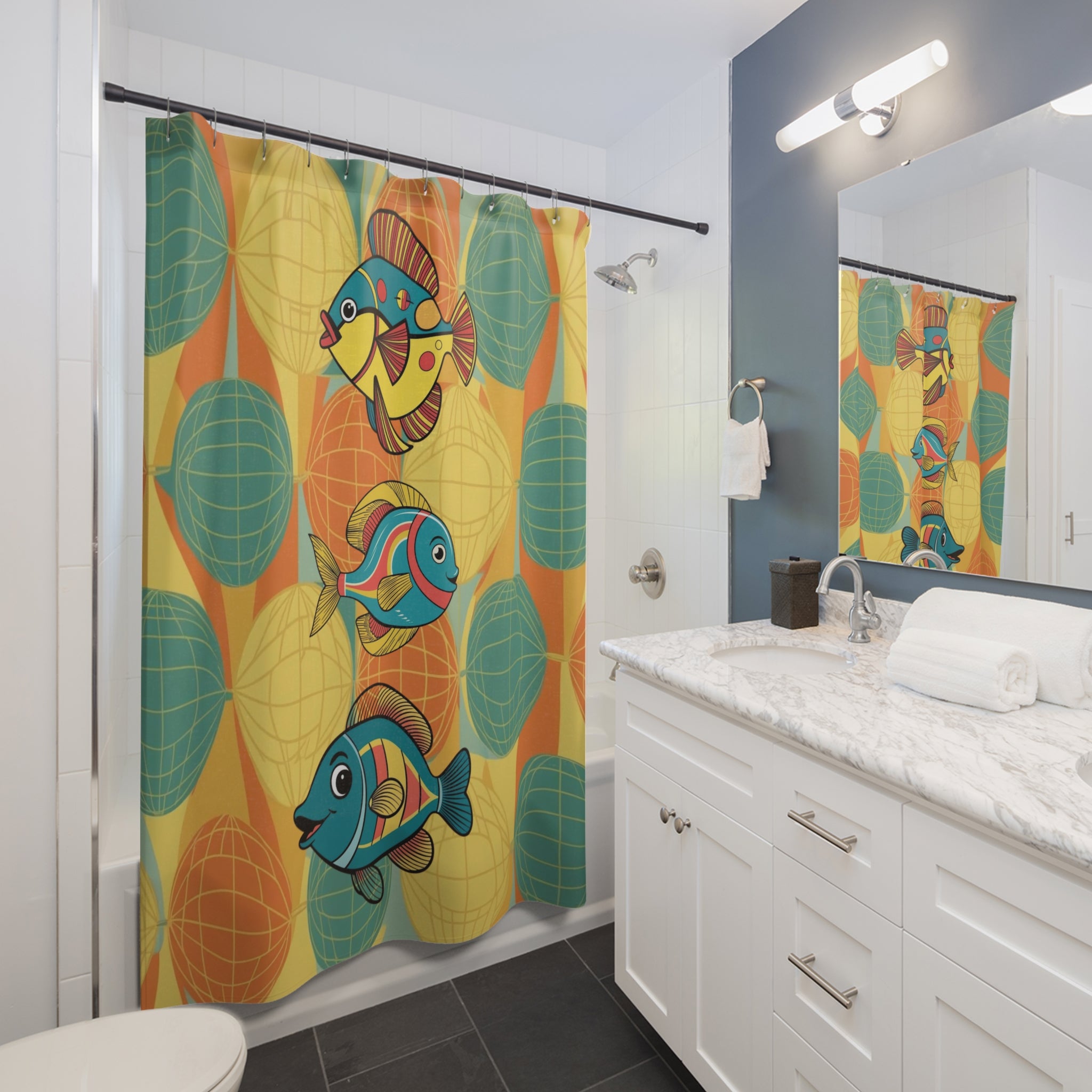 Mid Century Modern Fish Artm Colorful Fish Shower Curtain – Fun Marine Decor for Bathrooms - Mid Century Modern Gal