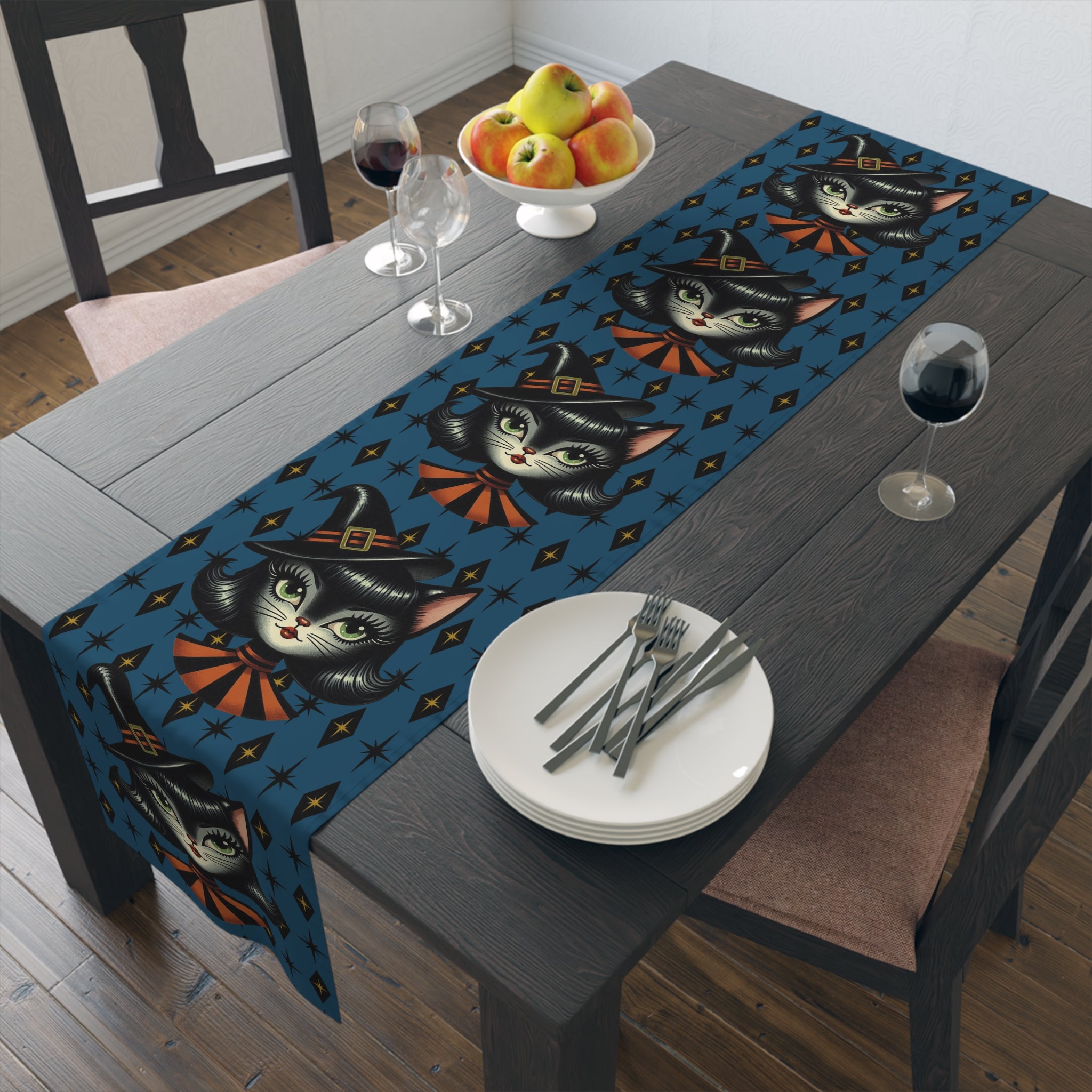 Vintage Halloween Black Cat Sexy Sexton Mid Century Modern Blue Table Runner - Mid Century Modern Gal