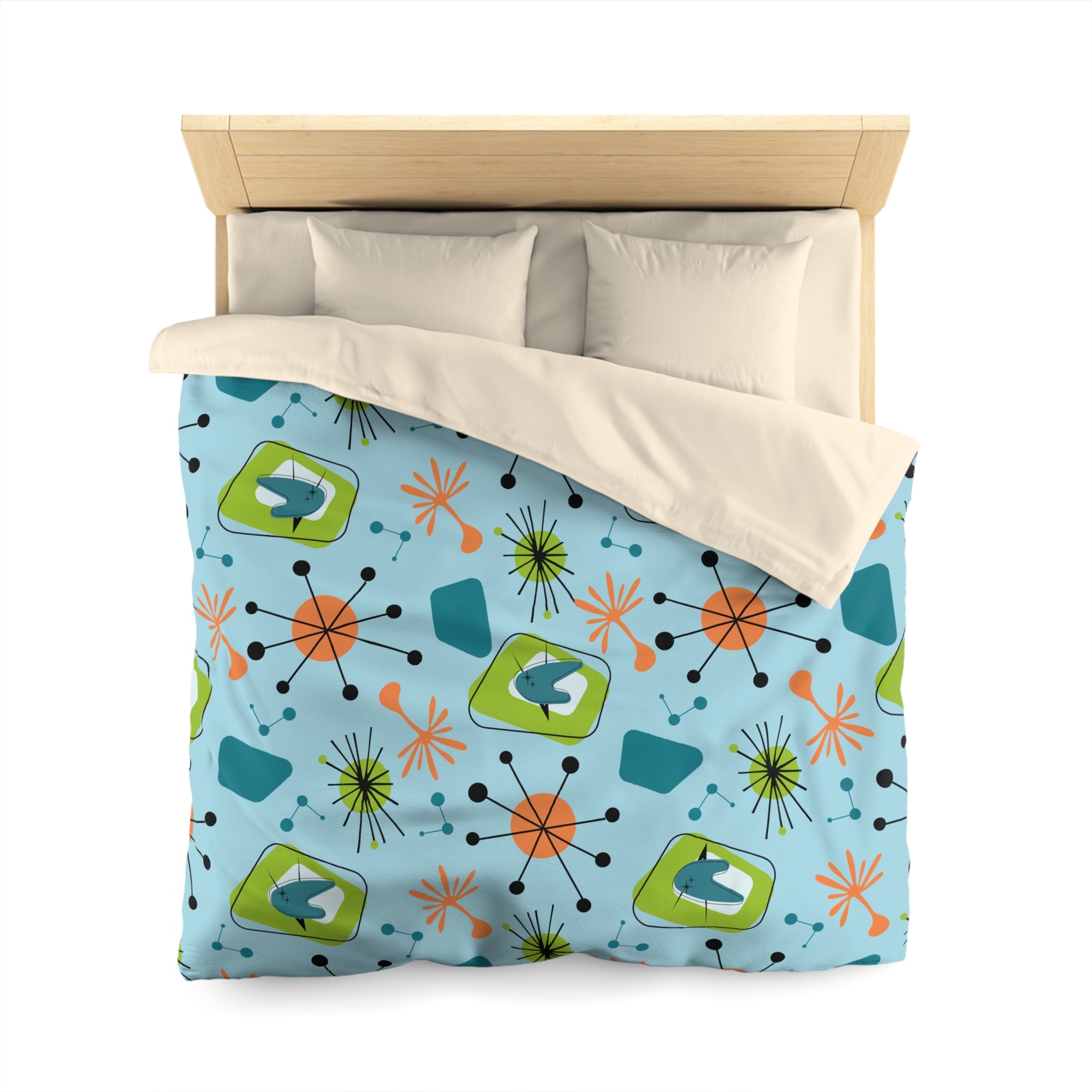 Mid Century Modern Duvet Cover, Atomic Starbursts Boomerangs, Orange, Blue, Green Duvet Cover - Mid Century Modern Gal