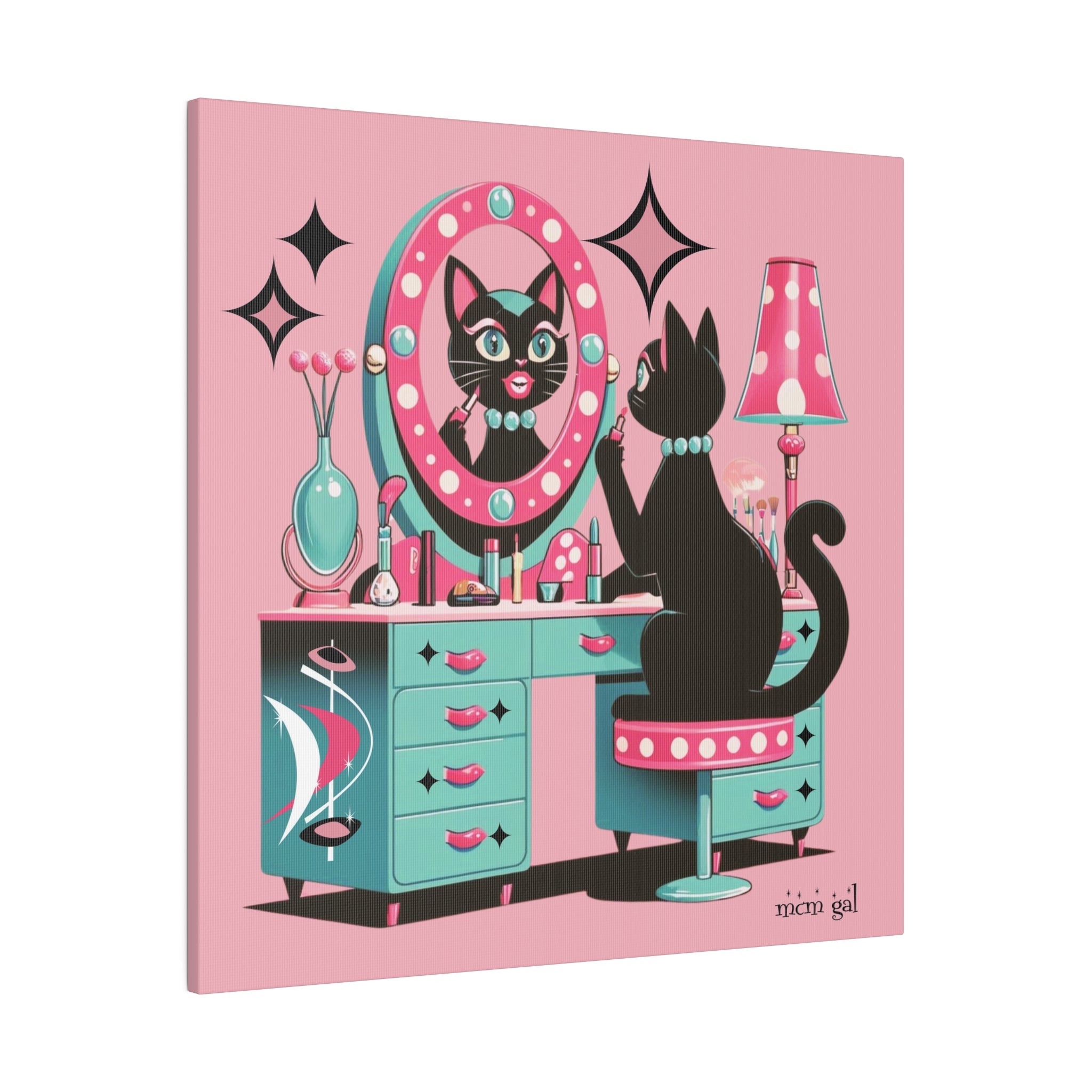 Atomic Cat Wall Art, Mid Mod Pink Boutique Atomic 50s Vanity Pretty Glam Cat Matte Canvas - Mid Century Modern Gal