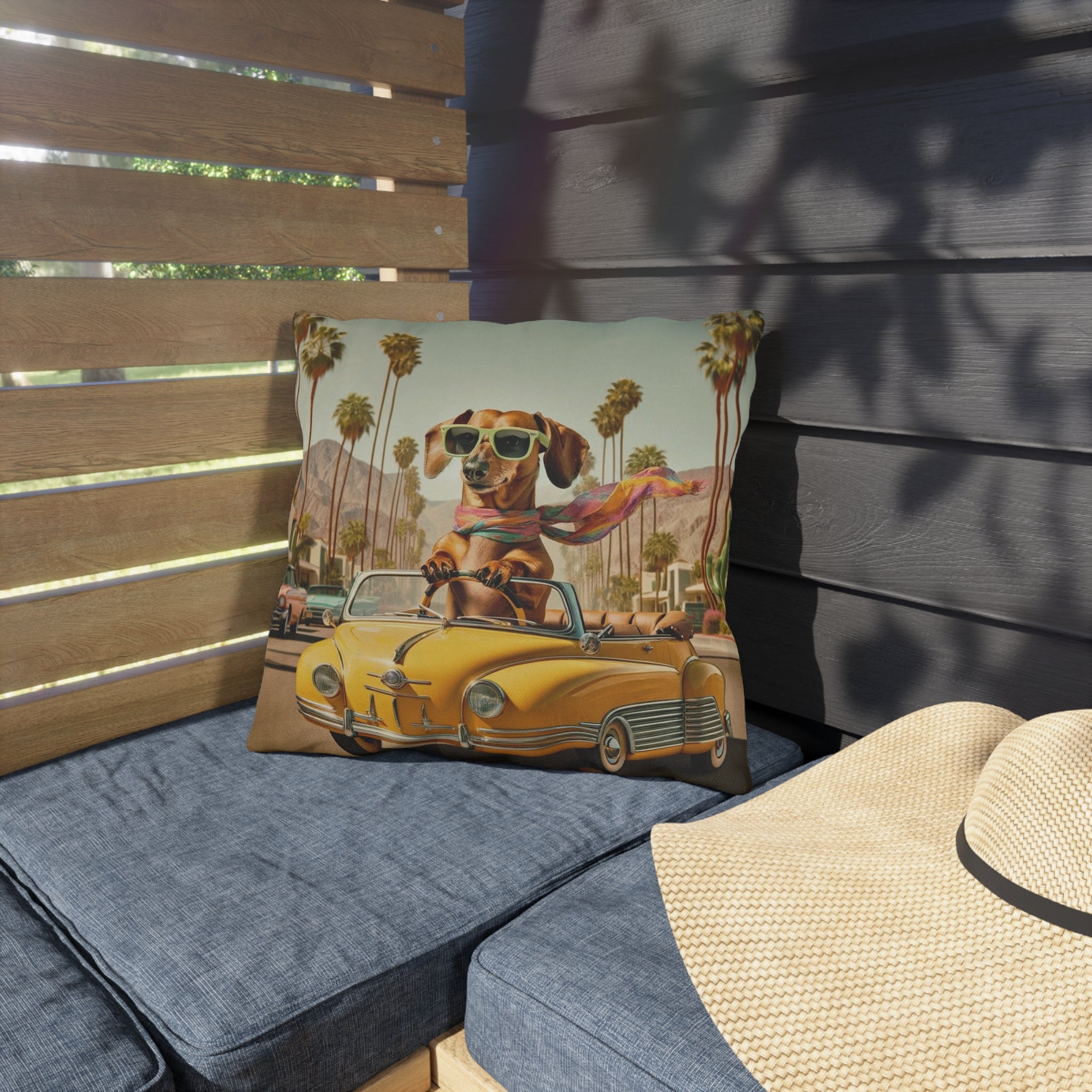 Doxie Dog, Retro Palm Springs Cali Kitschy Fun Outdoor Pillows - Mid Century Modern Gal