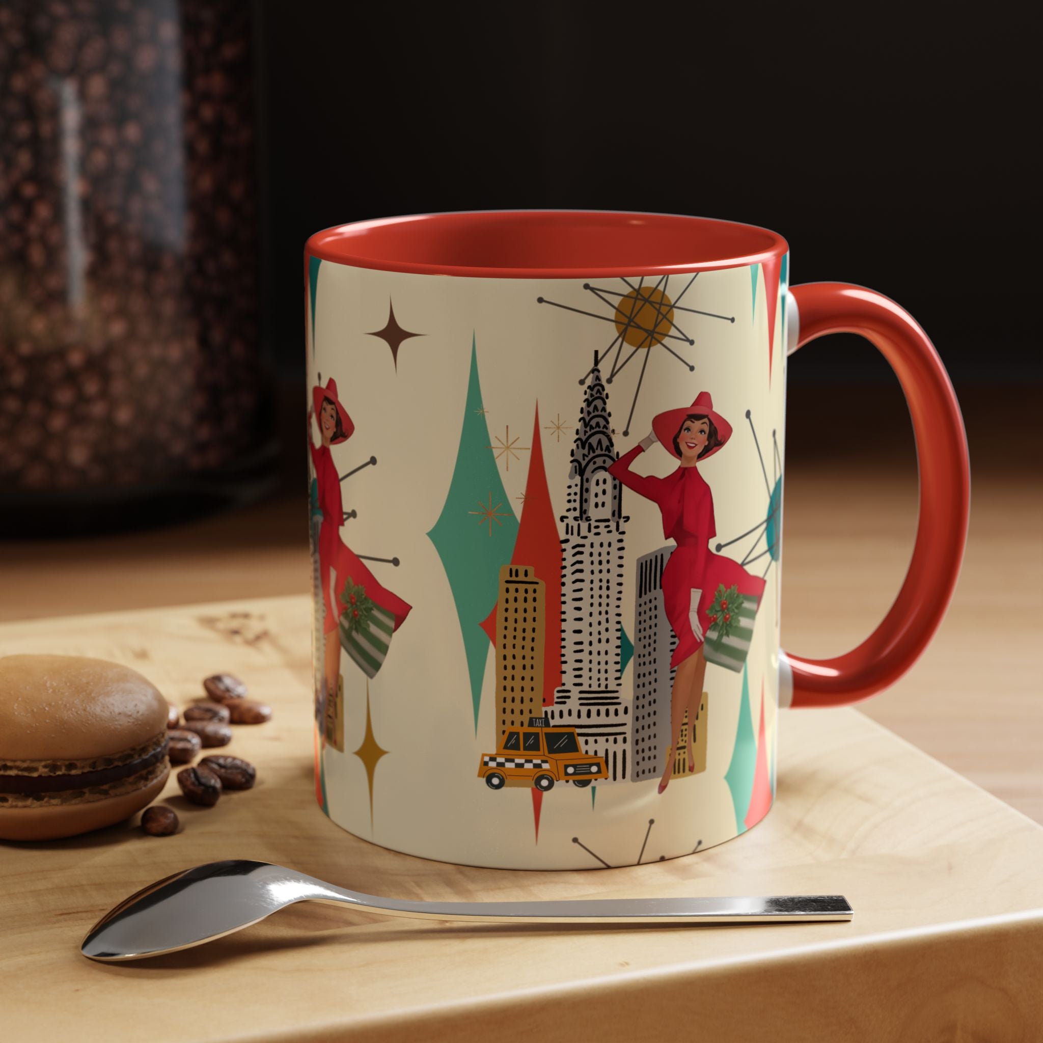 Mid Century Modern Kitschy Christmas Gal, Franciscan Starburst Diamond Retro Chic Accent Coffee Mug - Vintage Cityscape Design - Mid Century Modern Gal