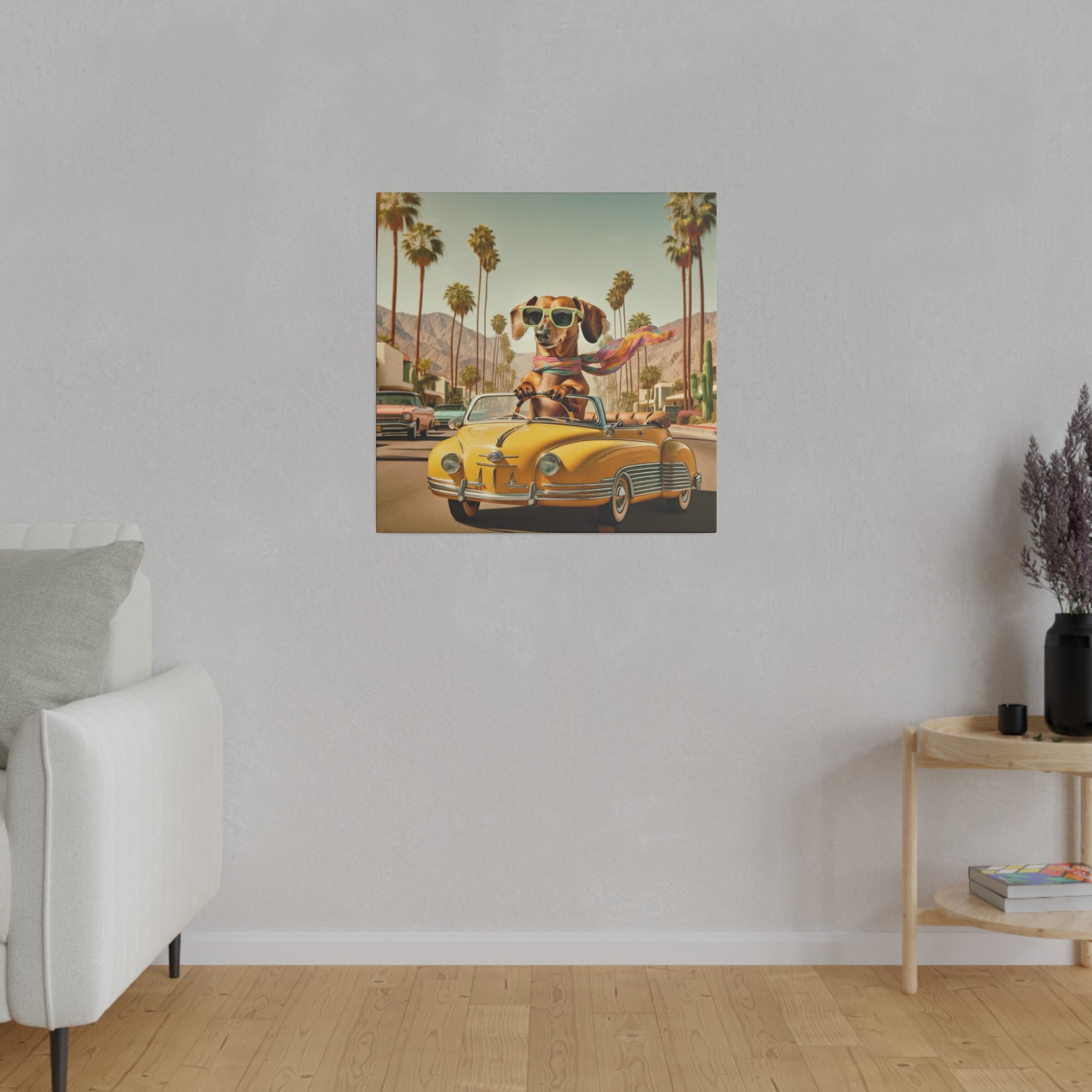 Funny Doxie Dachshund Palm Spring California Driving 50s Inspired Kitschy Wall Art - Mid Century Modern Gal