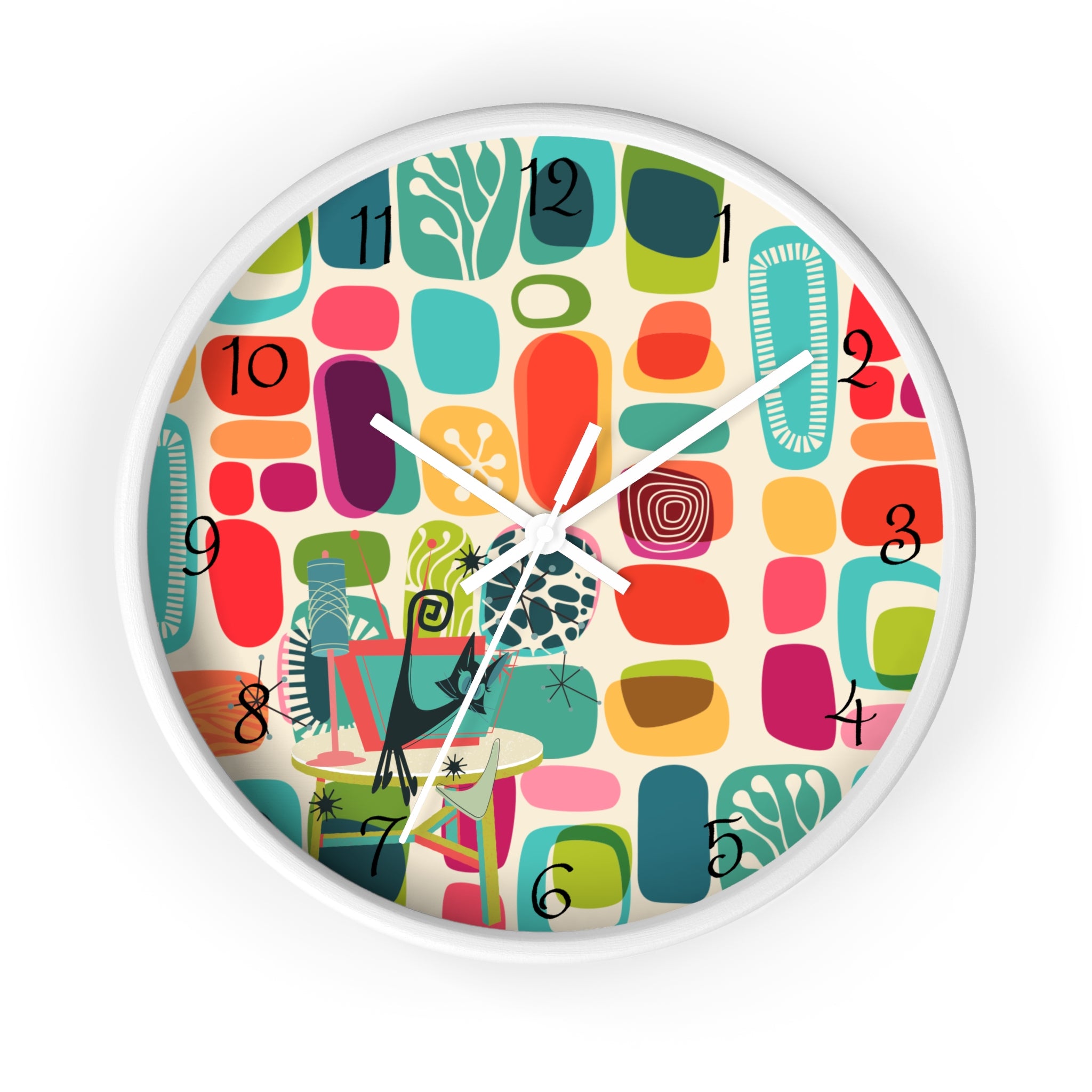 Mid Mod Amoeba Design With Kitschy Atomic Cat, Quirky Fun Retro Wall Clock - Mid Century Modern Gal