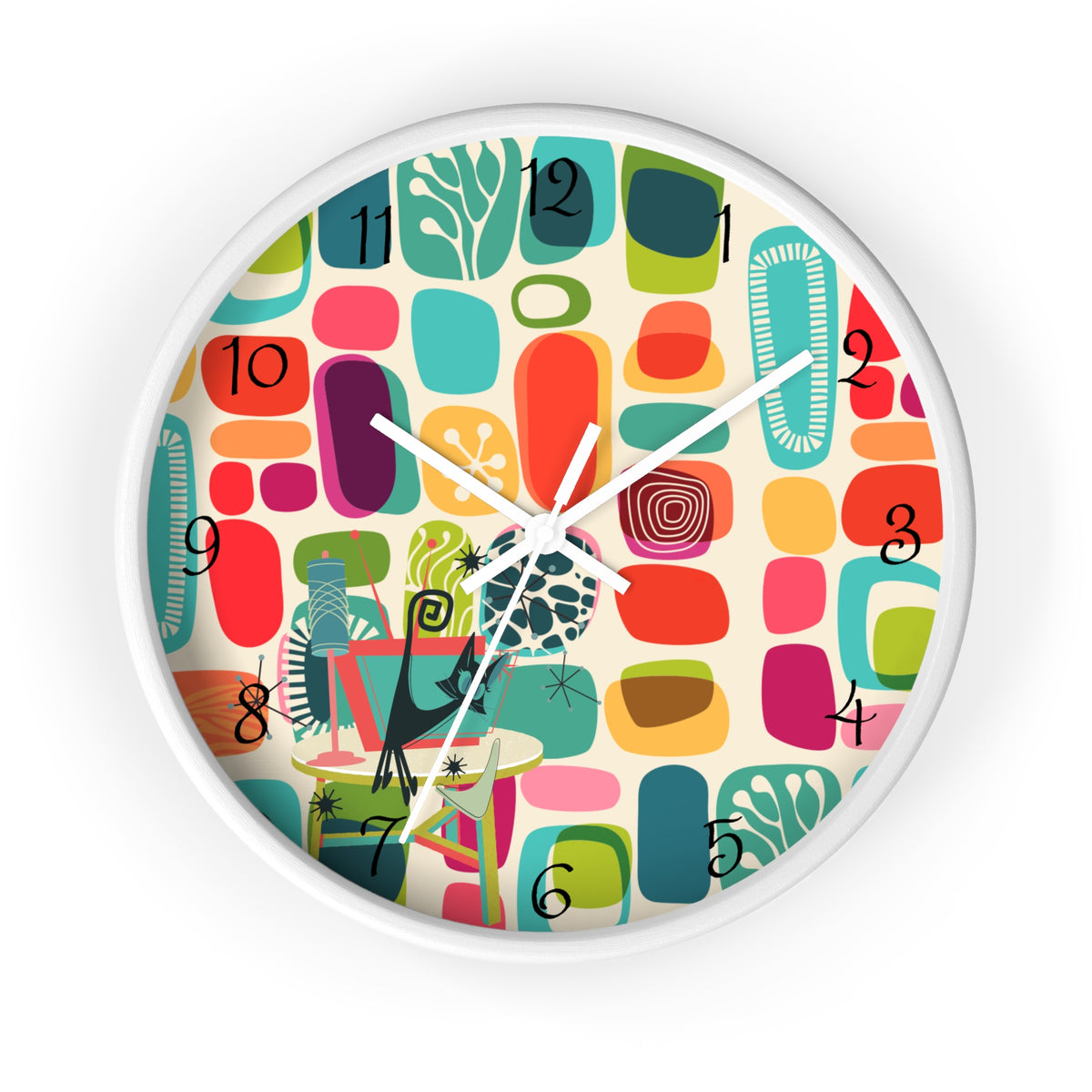 Mid Mod Amoeba Design With Kitschy Atomic Cat, Quirky Fun Retro Wall Clock - Mid Century Modern Gal