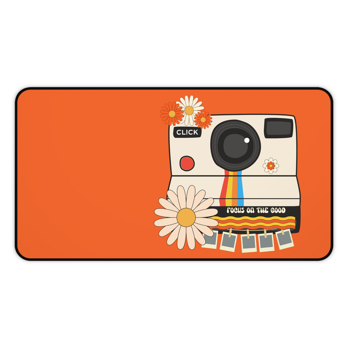 Hip Desk Mat, Focus On The Good, Retro Camera, Flower Power 70's Style Office Accessories - Mid Century Modern Gal
