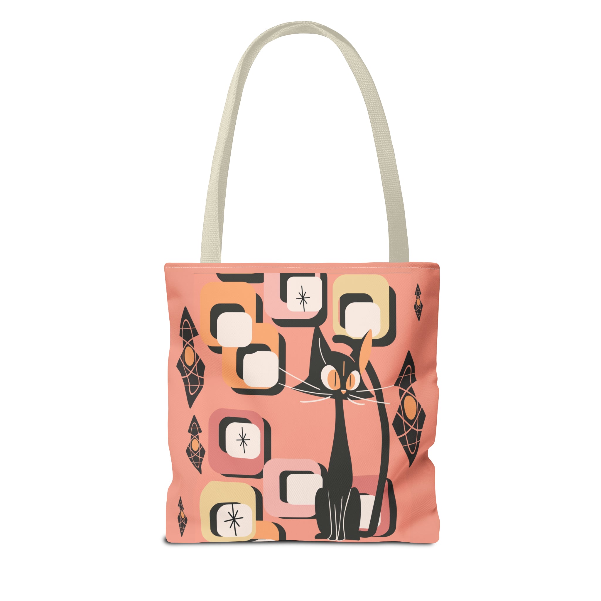 Atomic Cat Tote Bag, Coral Color, Mid Century Modern Geometric Designs, Mid Mod Retro Apparel