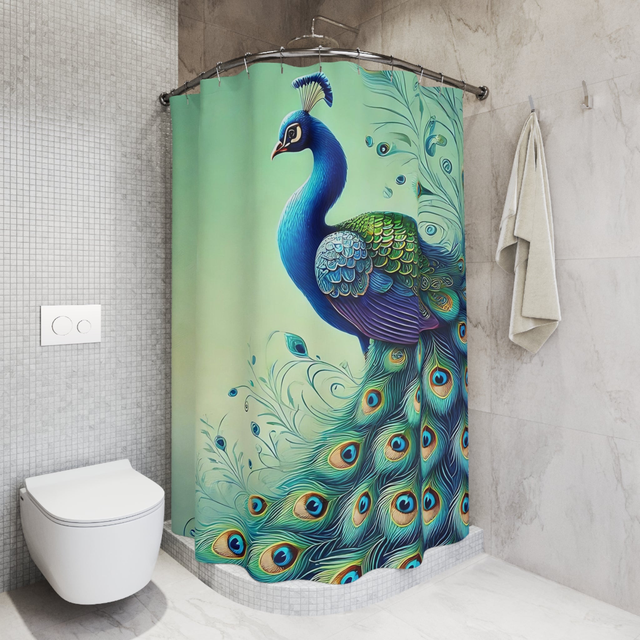 Chinoiserie Elegant Peacock Shower Curtain - Vibrant Bathroom Decor - Mid Century Modern Gal