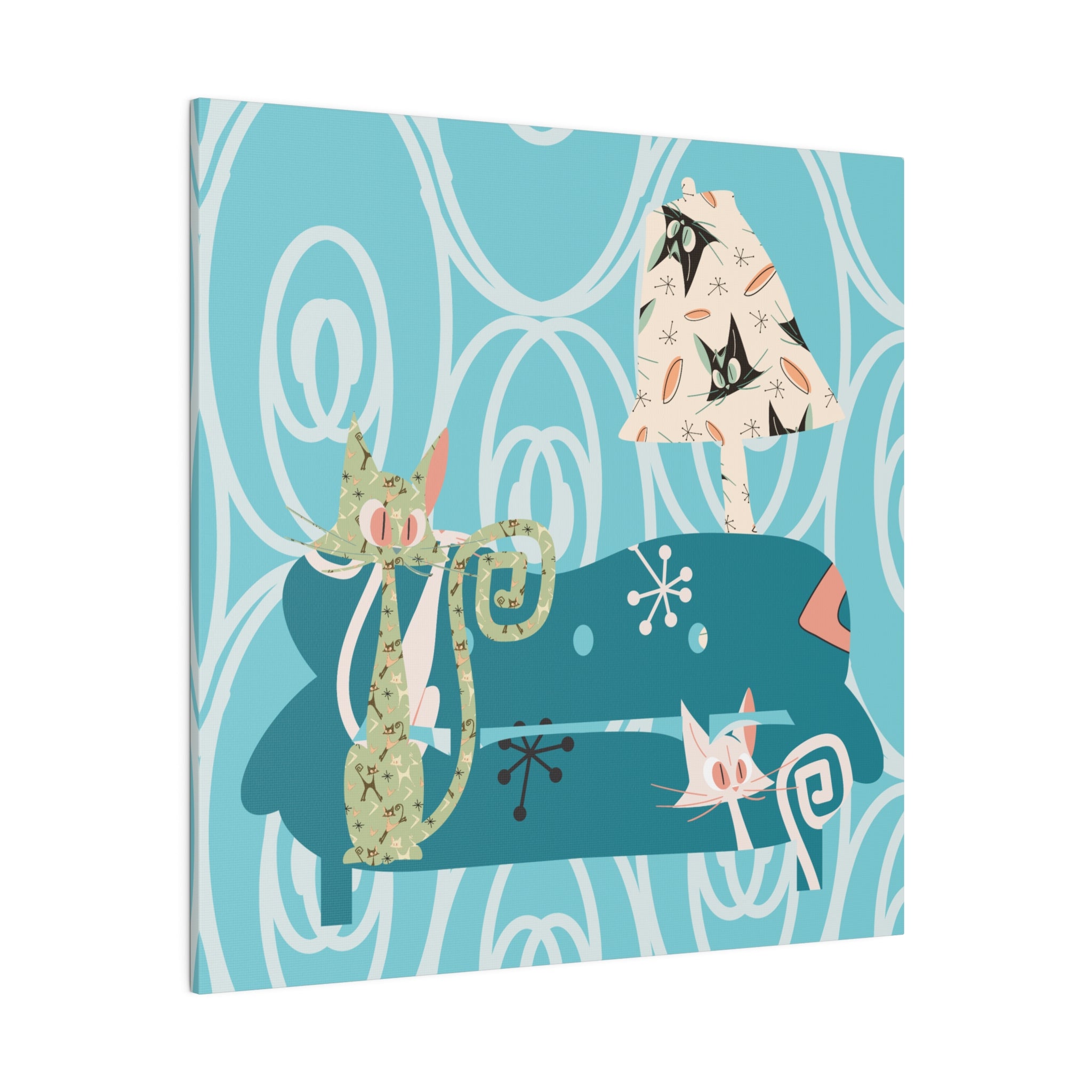 Atomic Cat Art, Quirky Kitschy Blue, Green, Teal Mid Century Modern Wall Art - Mid Century Modern Gal