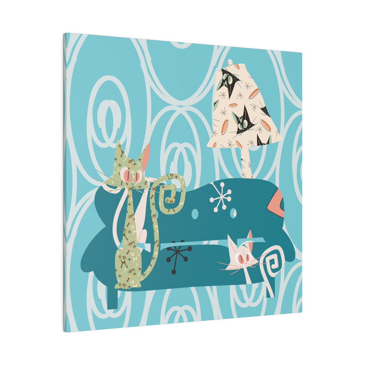 Atomic Cat Art, Quirky Kitschy Blue, Green, Teal Mid Century Modern Wall Art - Mid Century Modern Gal