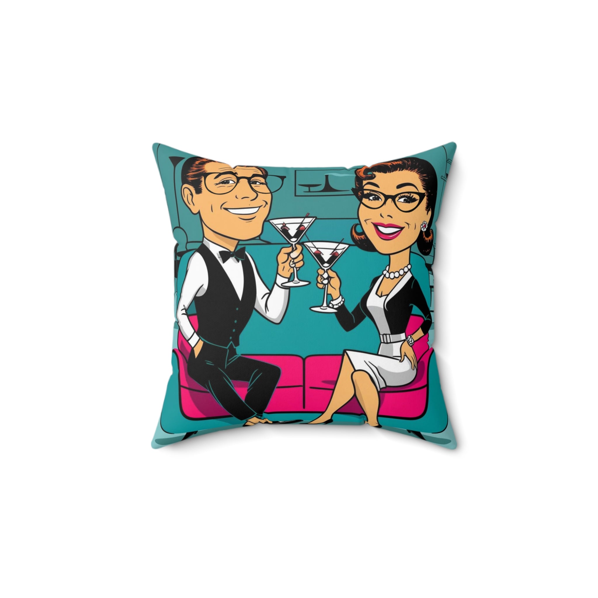 Mid Century Modern Kitschy Couple Cheers to Love Decorative Pillow - Vintage Style Couple with Cocktails - Mid Century Modern Gal