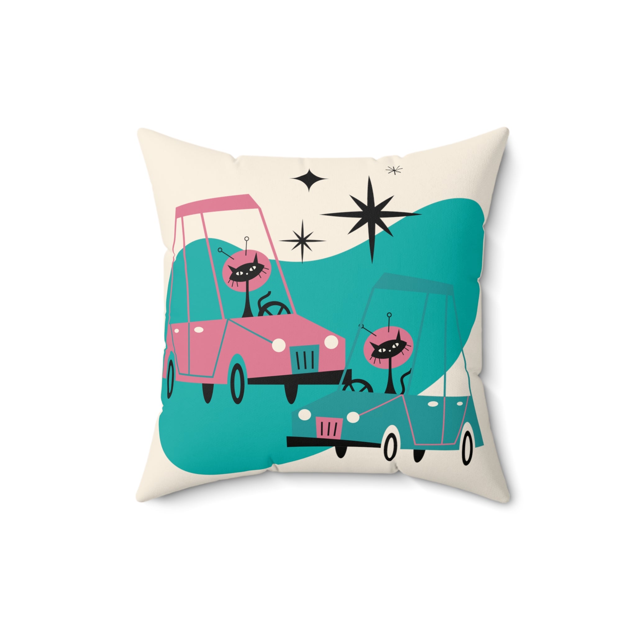 Atomic Space Cats, Beep Beep, Retro Cars, Space Kitties, Kitschy Fun Quirky Throw Pillow With Insert - Mid Century Modern Gal