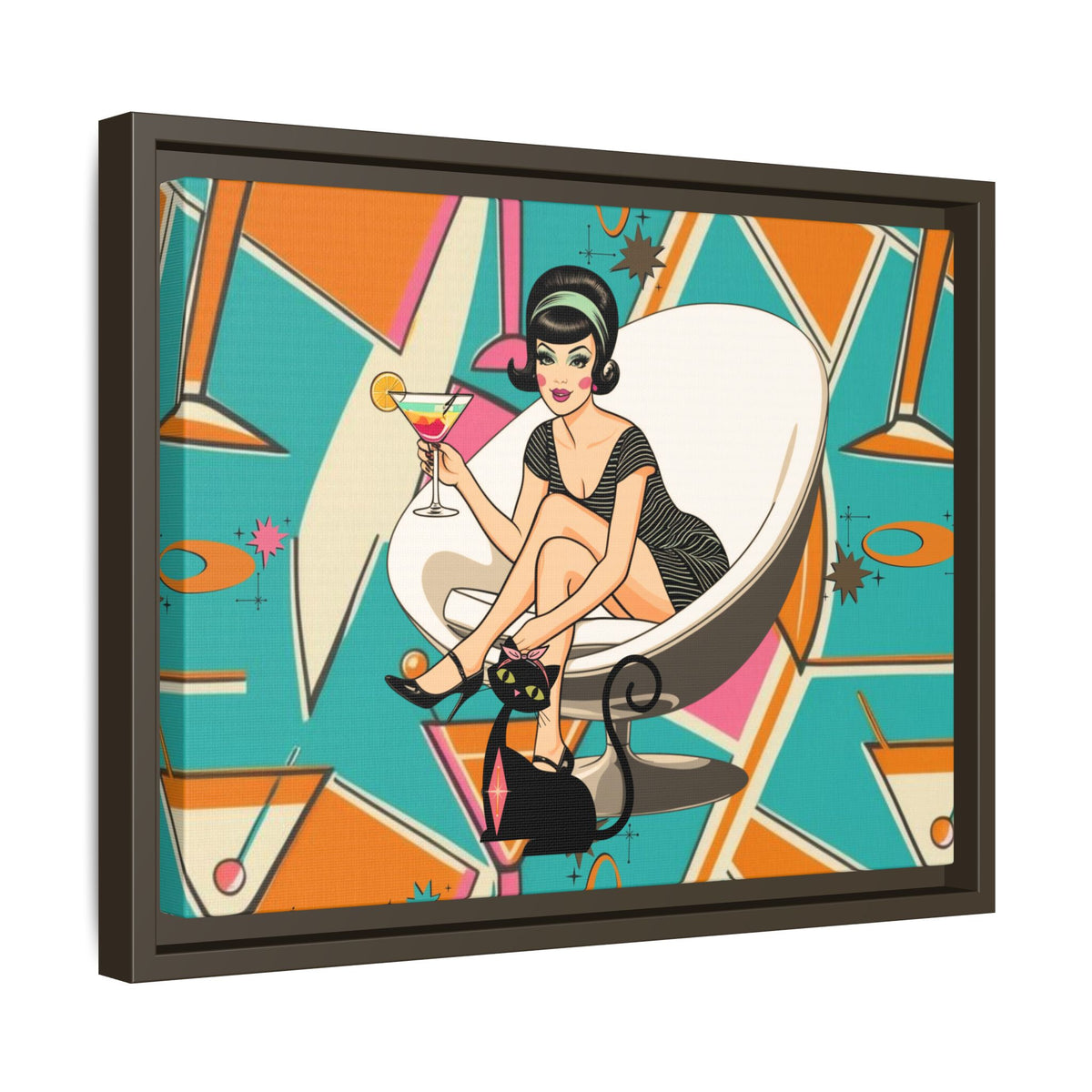 Framed matte canvas wall art featuring a retro cat and vintage cocktail design in vibrant mid-century colors.