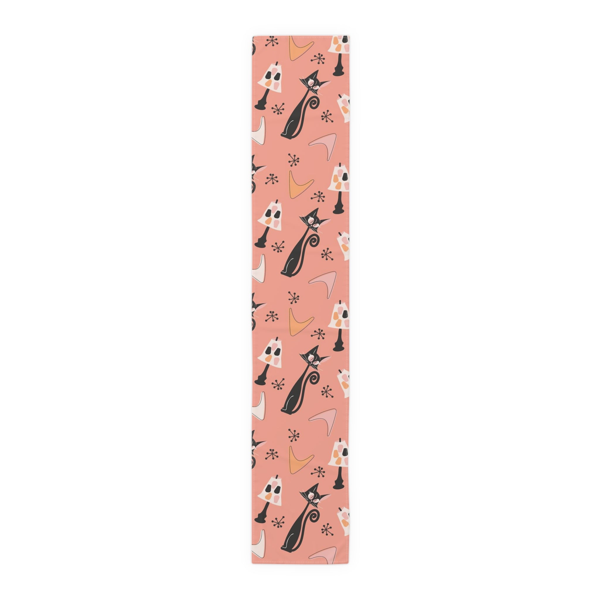 Atomic Cat Table Runner, Coral, Black White Kitties, Boomerang Pattern With Quirky Lamps, Mid Century Modern Table Decor - Mid Century Modern Gal