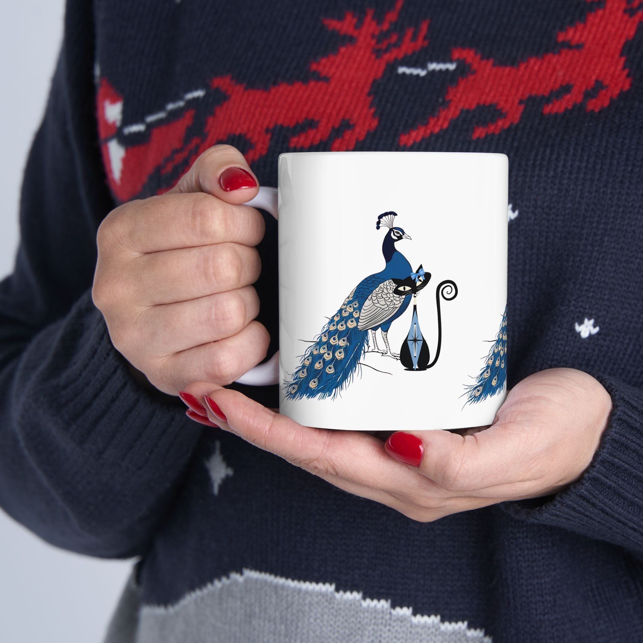 Atomic Cat Mug Blue Chinoiserie Peacock MCM Black Cat Mug Vintage Inspired Gift Elegant Peacock Ceramic Mug - Mid Century Modern Gal