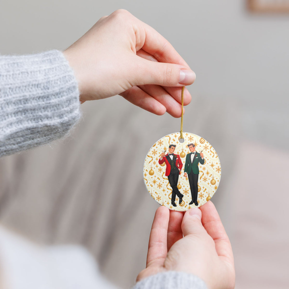 Mid Century Modern Christmas Martini Dapper Gay Male Couple Ceramic Christmas Tree Ornament