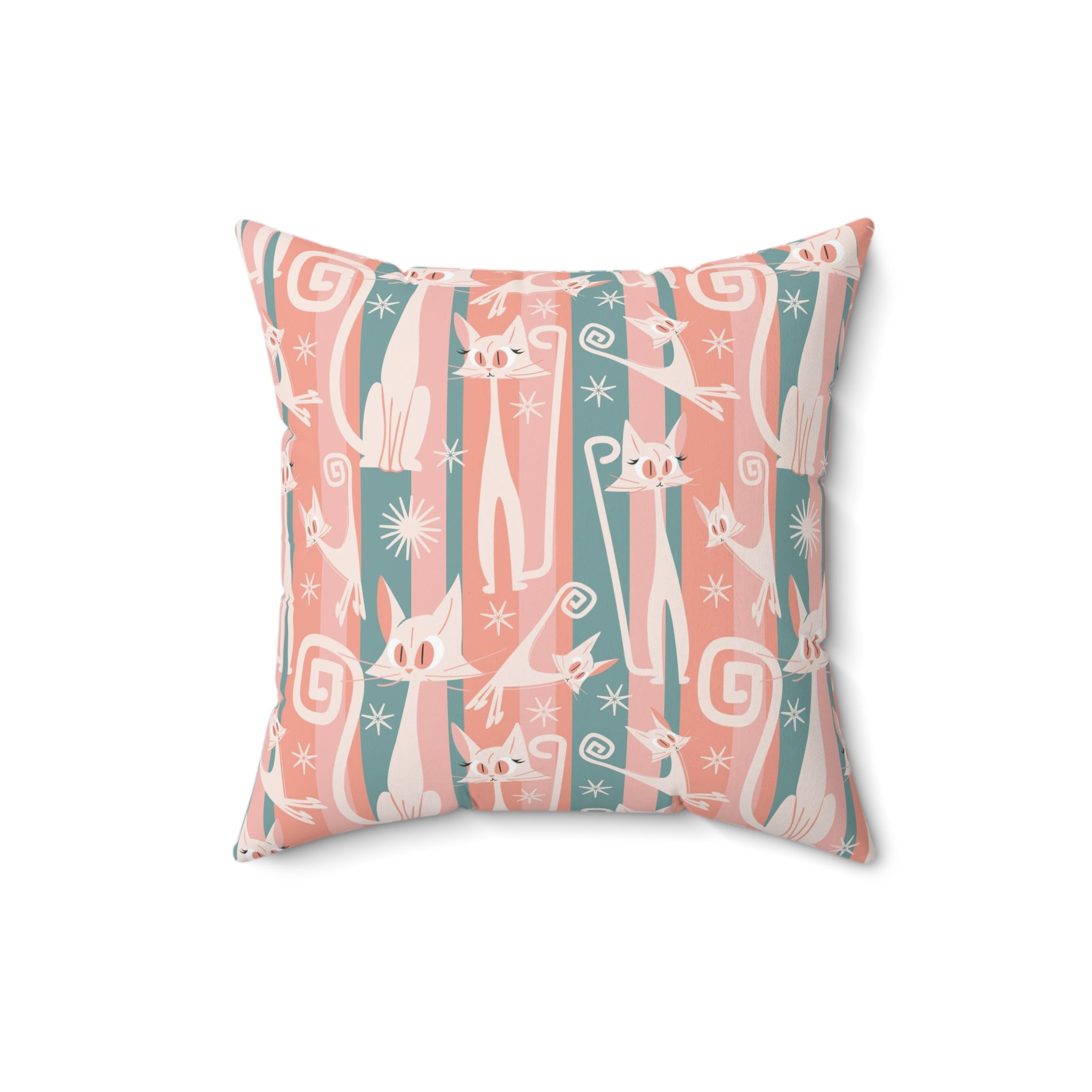 Atomic Cat Coral Pink And Aqua, Kitschy White Kitty Cat, Mid Century Modern Pillow And Insert - Mid Century Modern Gal