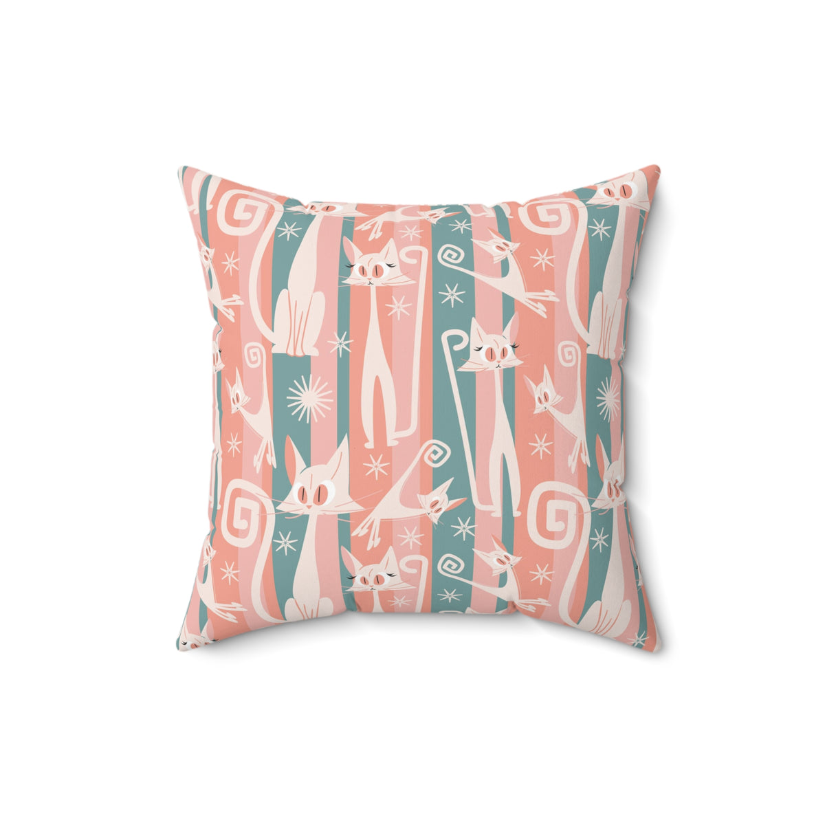 Atomic Cat Coral Pink And Aqua, Kitschy White Kitty Cat, Mid Century Modern Pillow And Insert - Mid Century Modern Gal