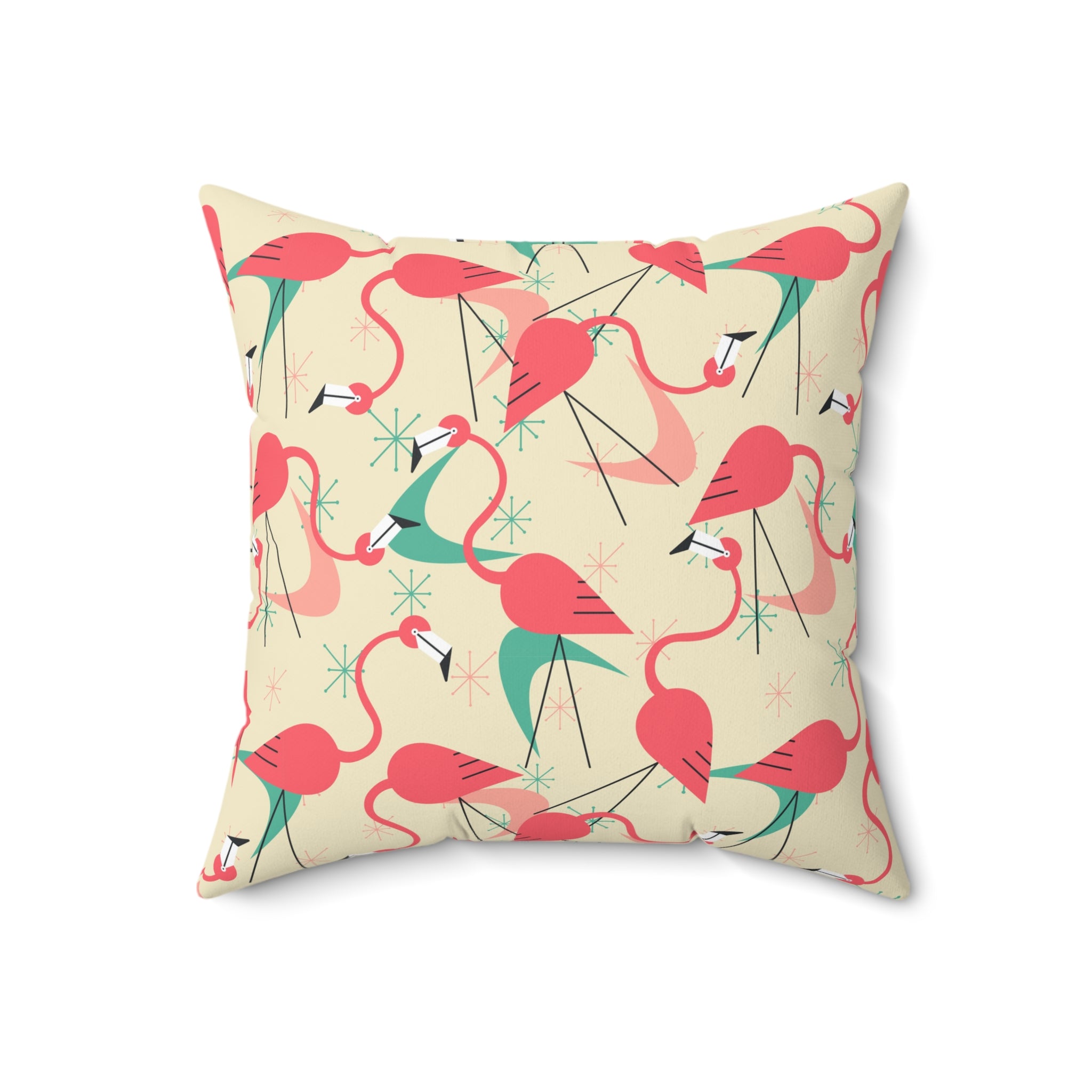 Mid Century Modern Dancing Flamingos, Kitschy Quirk MCM Tropical Flamingo Square Pillow - Stylish Home Decor for Retro Summer Vibes - Mid Century Modern Gal