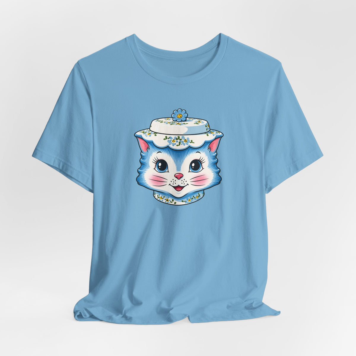 Mid Century Modern Kitschy Anthropomorphic Blue Cat with Floral Hat Unisex T-Shirt
