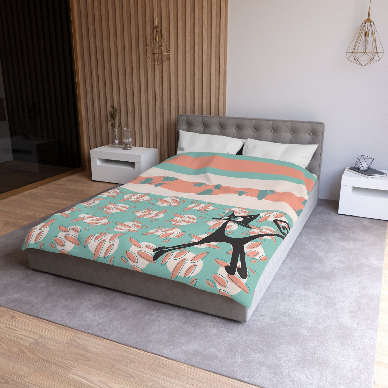 50s Nostalgic Atomic Cat Mid Century Modern Aqua, Coral Pink Peach, Kitschy Mid Century Modern  Duvet Cover - Mid Century Modern Gal