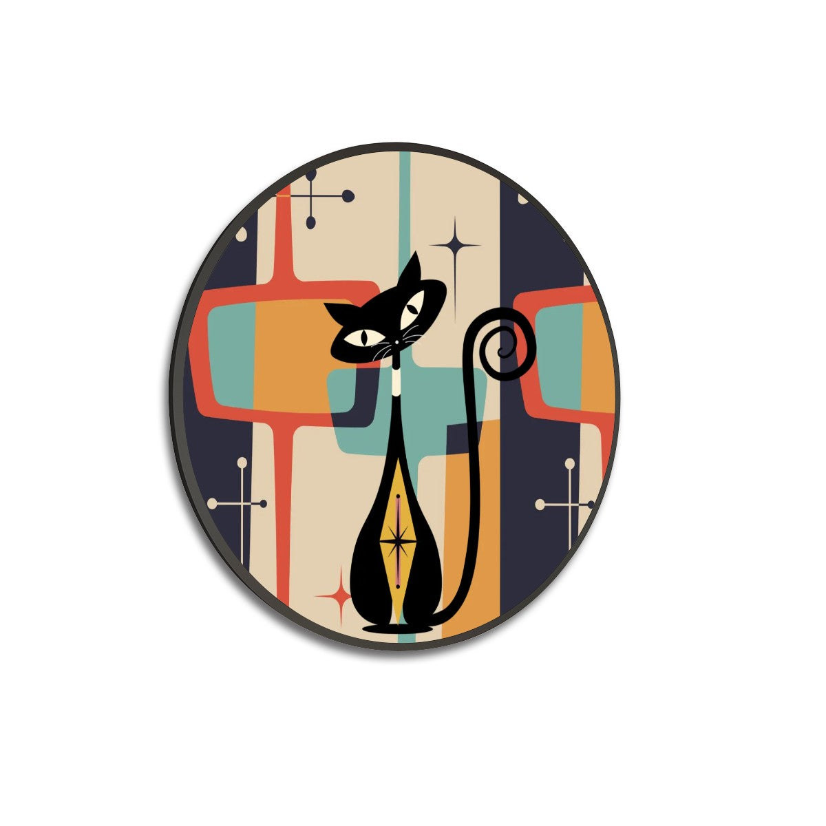 Mid Century Modern Atomic Cat Round Framed Canvas Wall Art - Mid Century Modern Gal