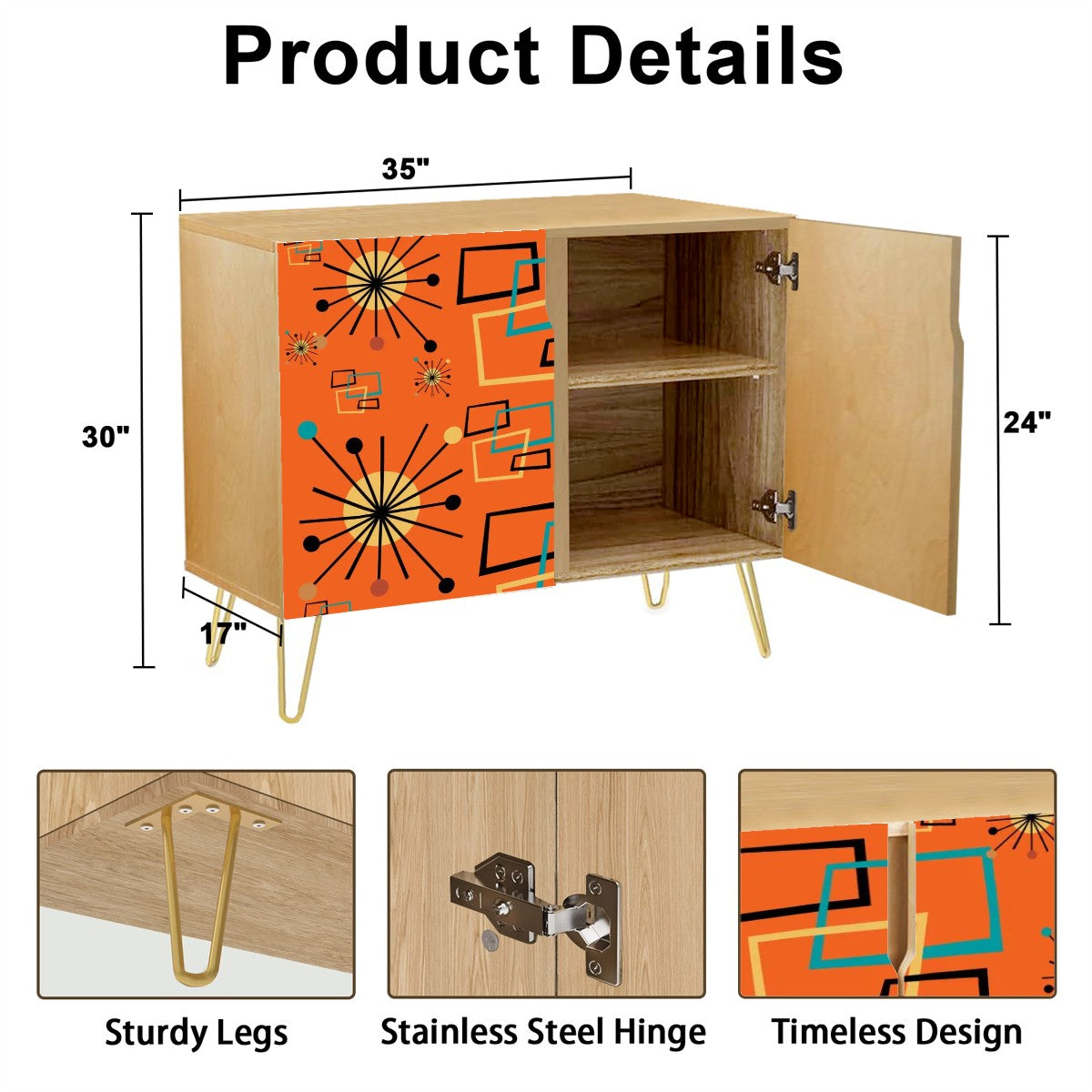 Mid Century Modern Orange Geometric Mod Retro Wooden Storage Cabinet - Mid Century Modern Gal